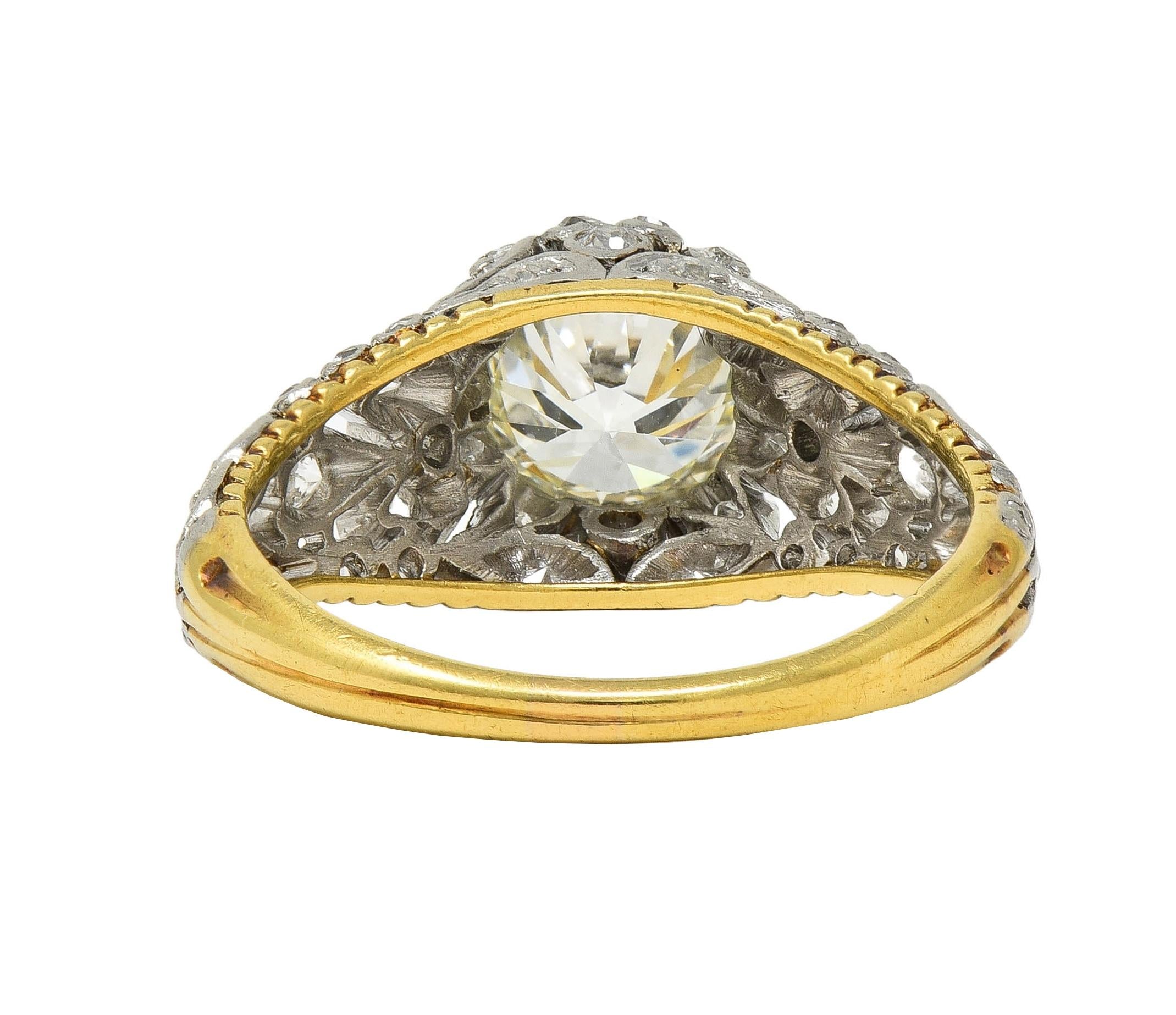 Edwardian 1908 1.74 CTW Diamond Platinum 18K Gold Antique Floral Engagement Ring