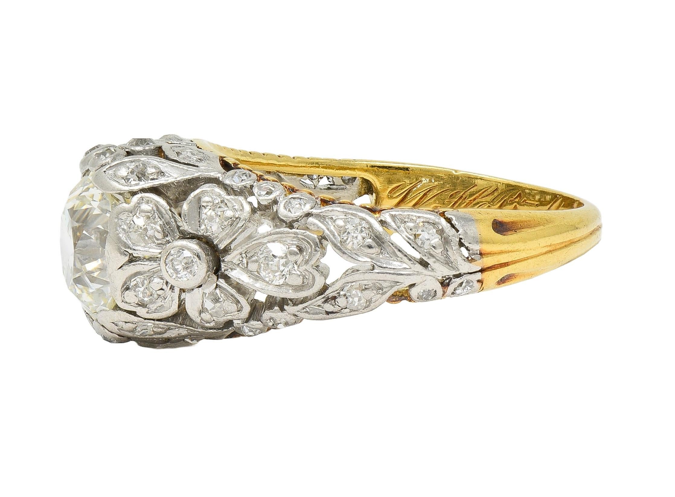 Edwardian 1908 1.74 CTW Diamond Platinum 18K Gold Antique Floral Engagement Ring