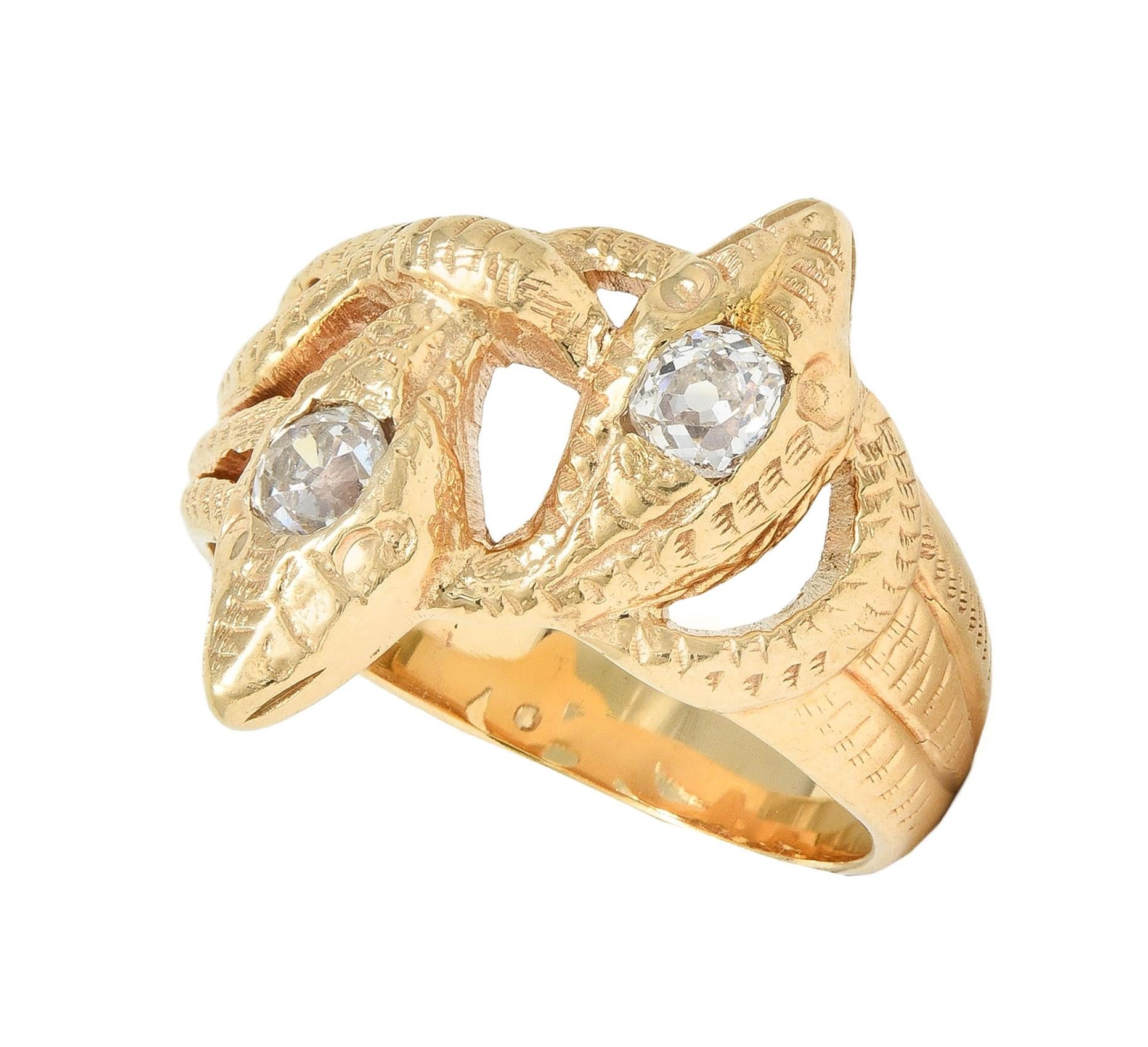 Victorian Diamond 14 Karat Yellow Gold Antique Lover Knot Unisex Snake Band Ring