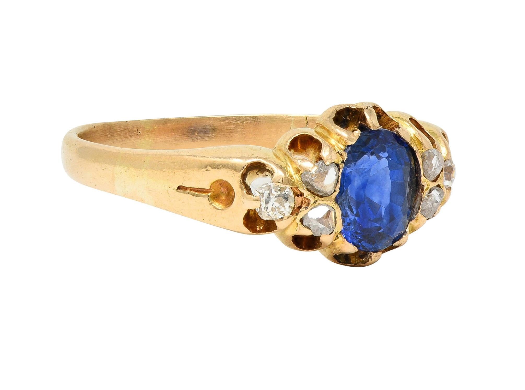 Victorian 1.30 CTW Sapphire Diamond 14 Karat Yellow Gold Belcher Antique Ring