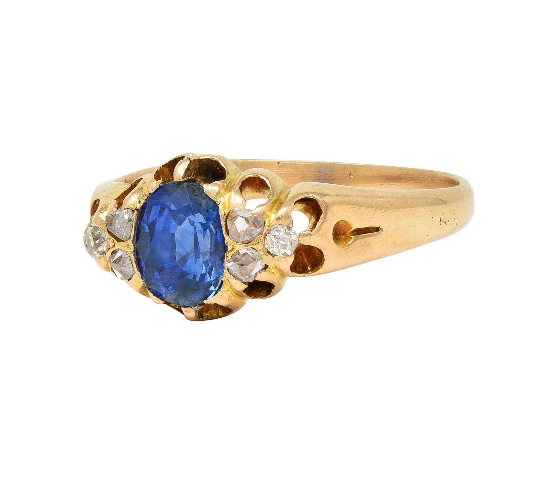 Victorian 1.30 CTW Sapphire Diamond 14 Karat Yellow Gold Belcher Antique Ring