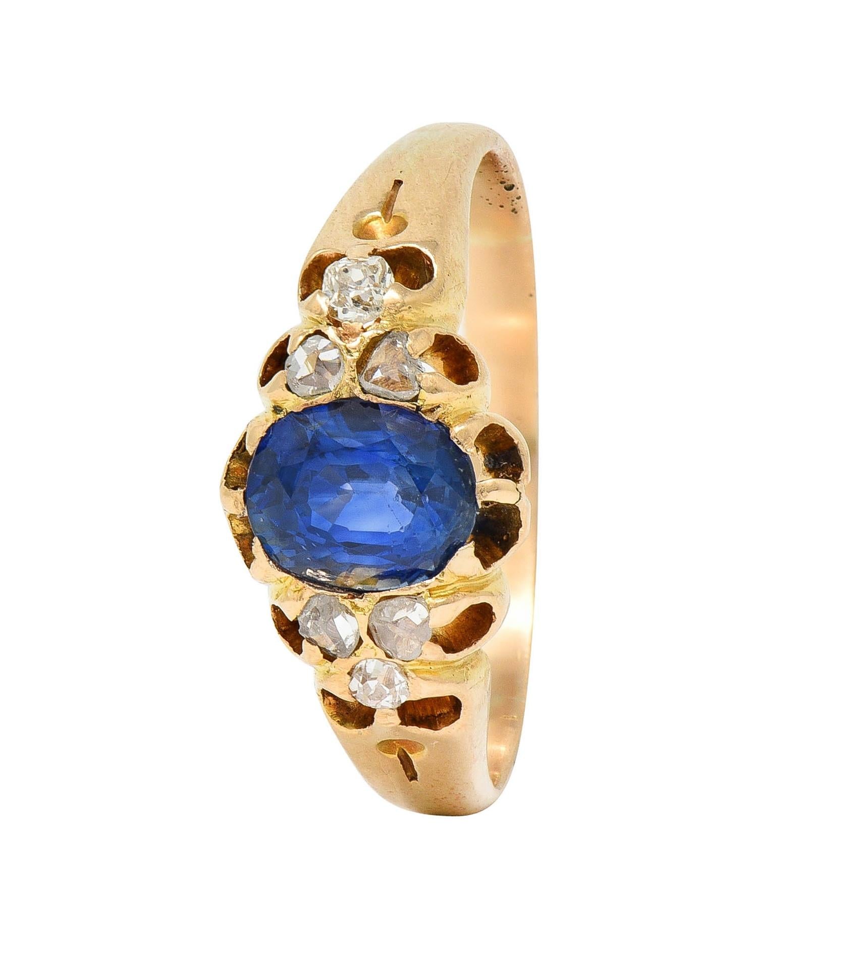 Victorian 1.30 CTW Sapphire Diamond 14 Karat Yellow Gold Belcher Antique Ring