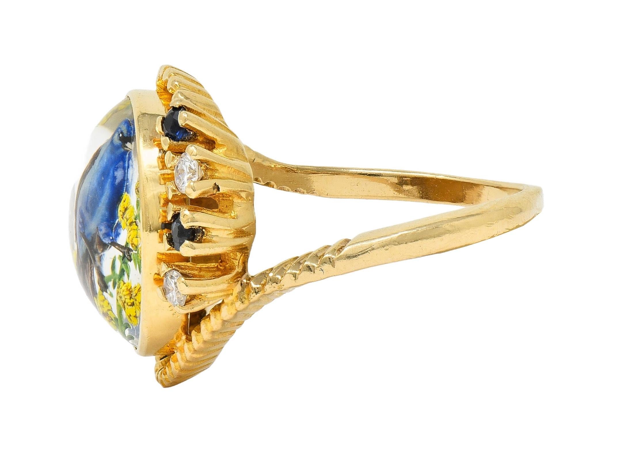 1960s Sapphire Diamond Essex Crystal 14 Karat Gold Vintage Blue Bird Bypass Ring