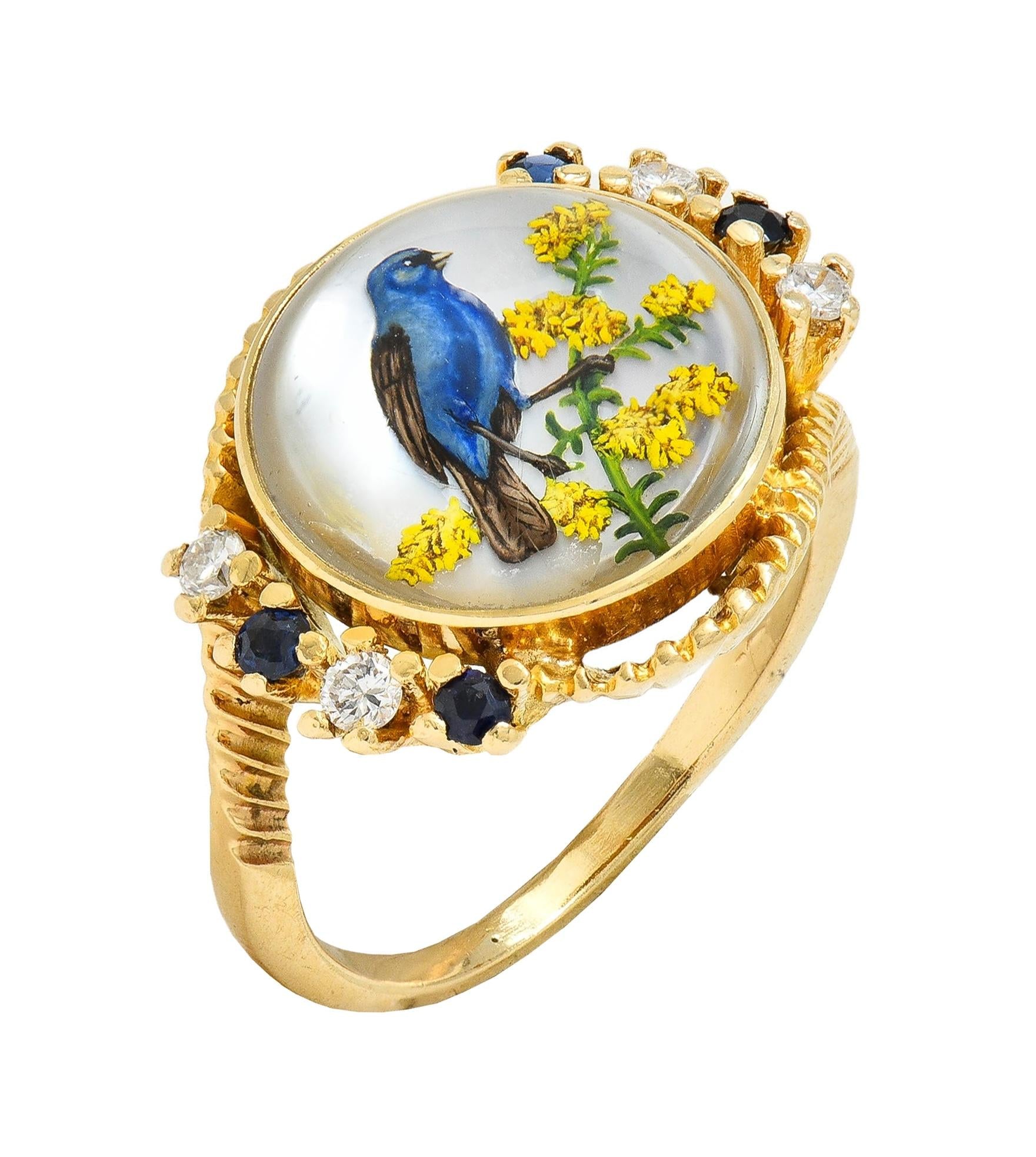 1960s Sapphire Diamond Essex Crystal 14 Karat Gold Vintage Blue Bird Bypass Ring