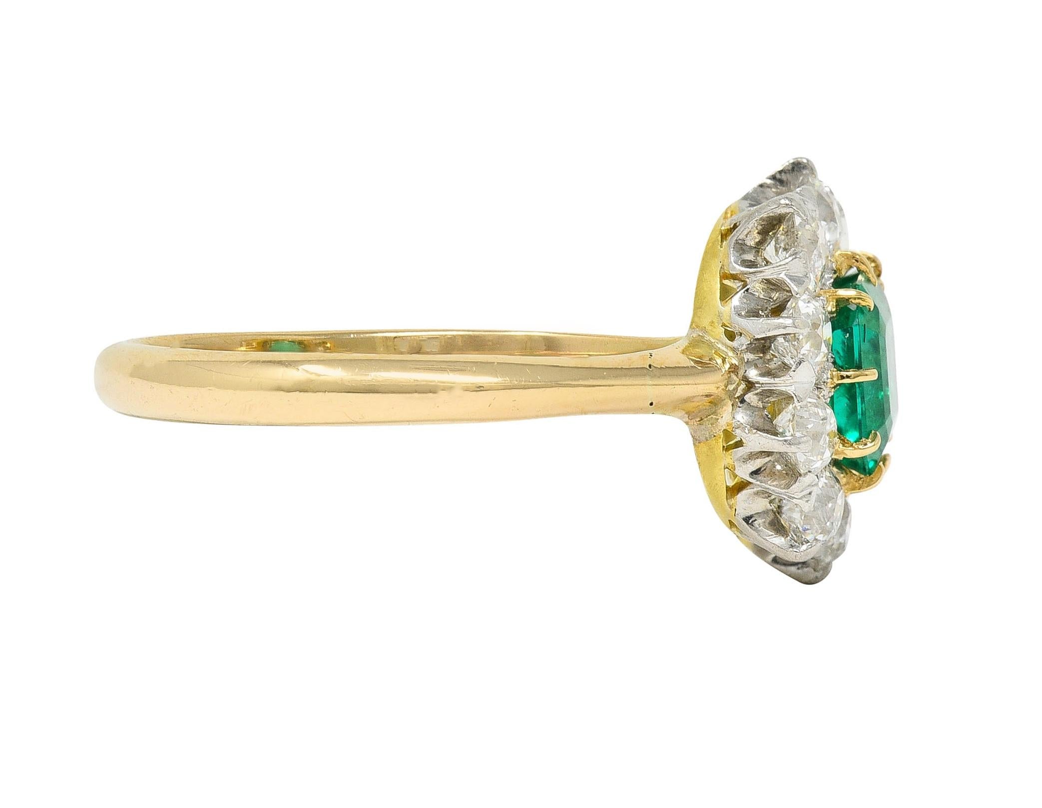 Edwardian 1.80 CTW Emerald Diamond Platinum 14K Yellow Gold Antique Halo Ring