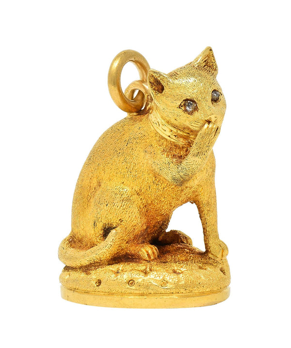 Edwardian Diamond Chalcedony 18 Karat Gold Antique Cat Intaglio Fob Pendant