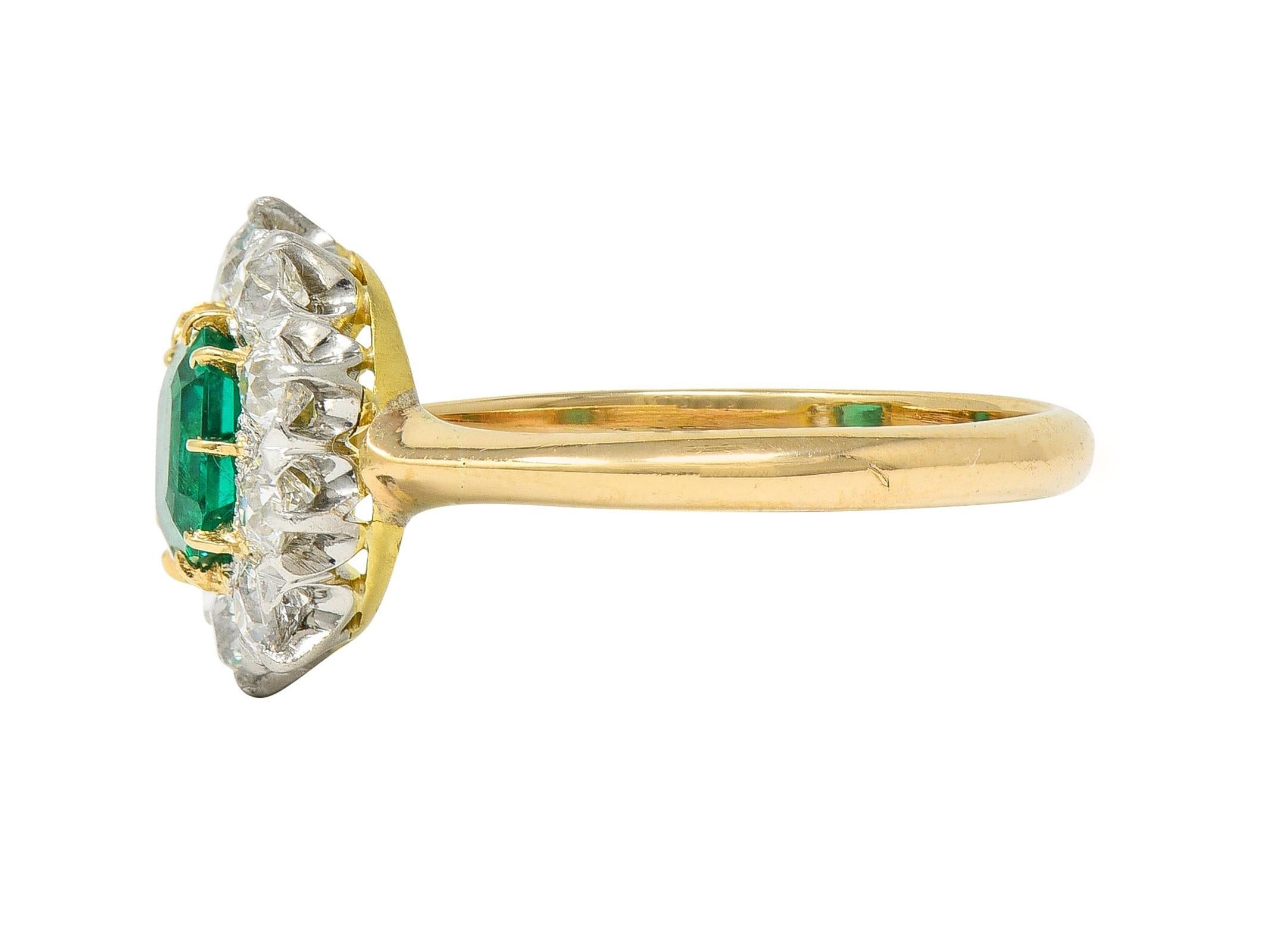 Edwardian 1.80 CTW Emerald Diamond Platinum 14K Yellow Gold Antique Halo Ring