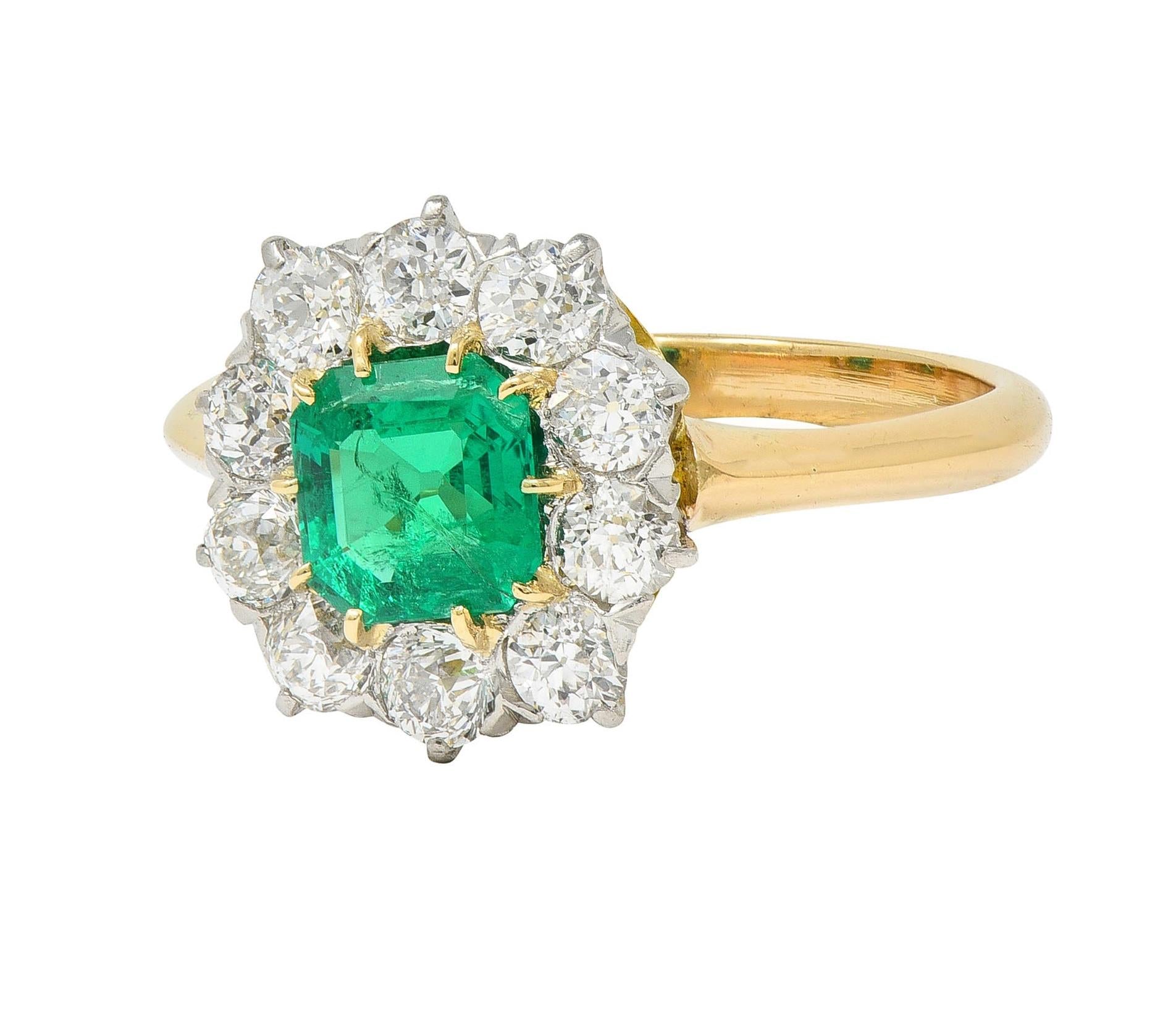 Edwardian 1.80 CTW Emerald Diamond Platinum 14K Yellow Gold Antique Halo Ring