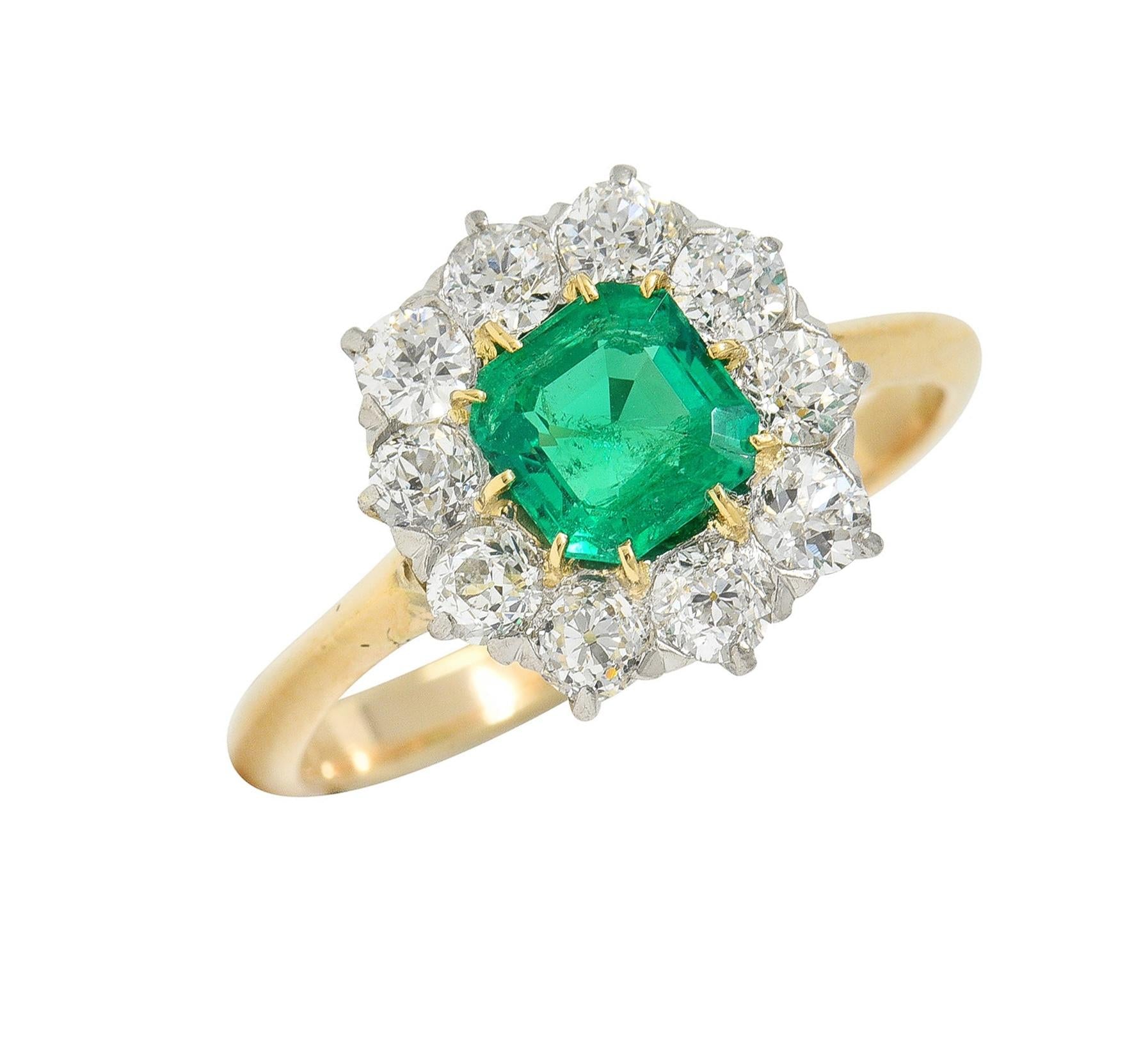 Edwardian 1.80 CTW Emerald Diamond Platinum 14K Yellow Gold Antique Halo Ring