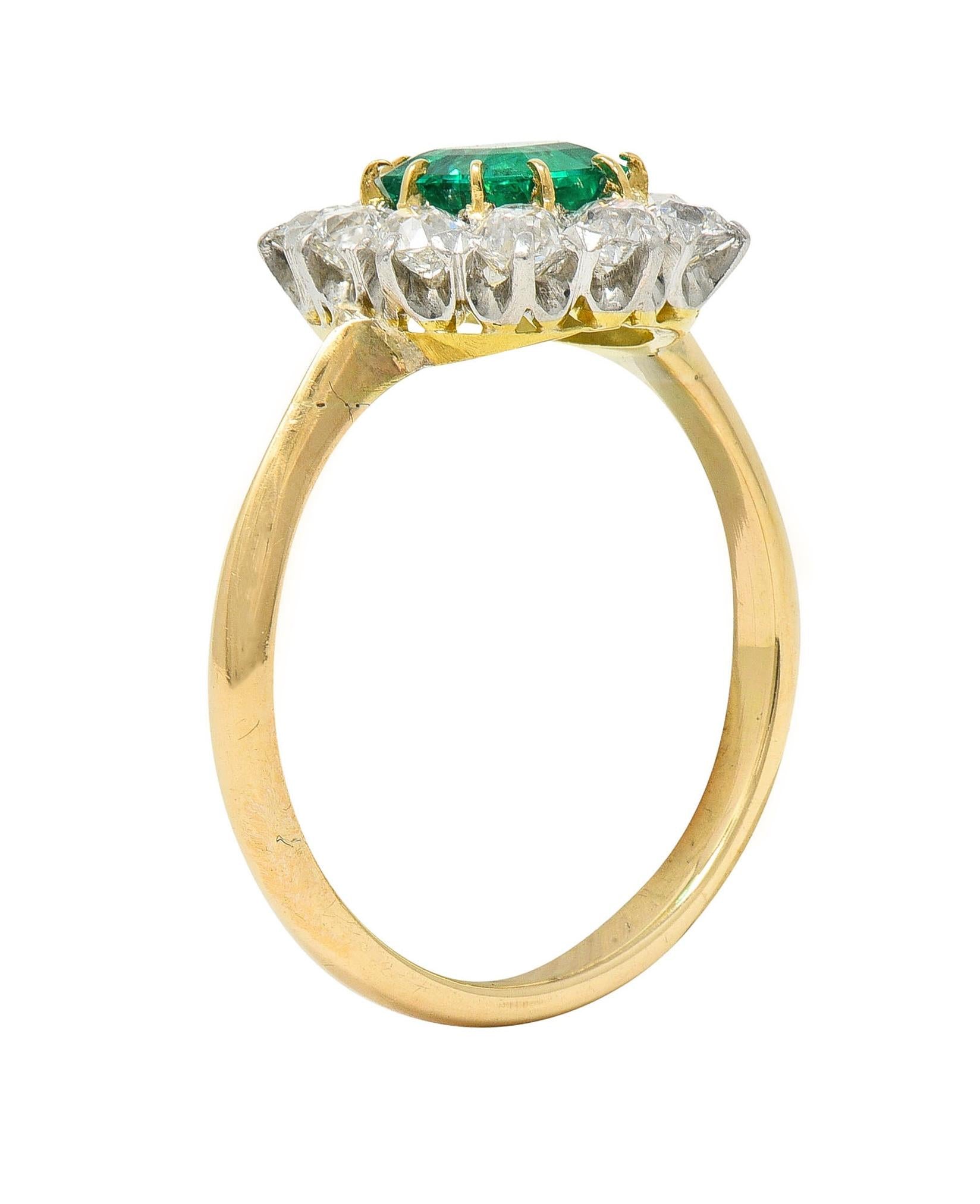 Edwardian 1.80 CTW Emerald Diamond Platinum 14K Yellow Gold Antique Halo Ring