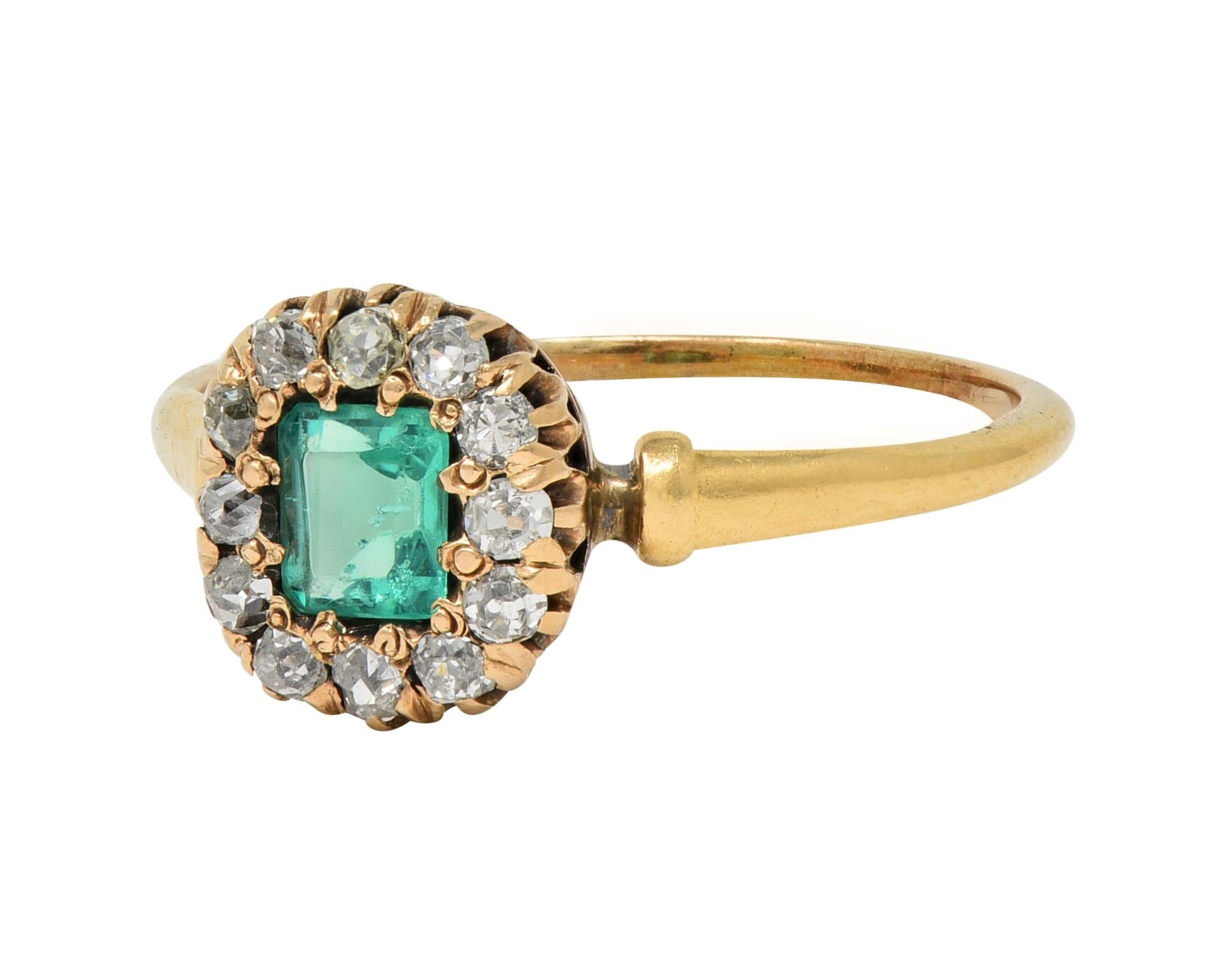 Victorian 0.82 CTW Emerald Diamond 14 Karat Yellow Gold Antique Halo Ring