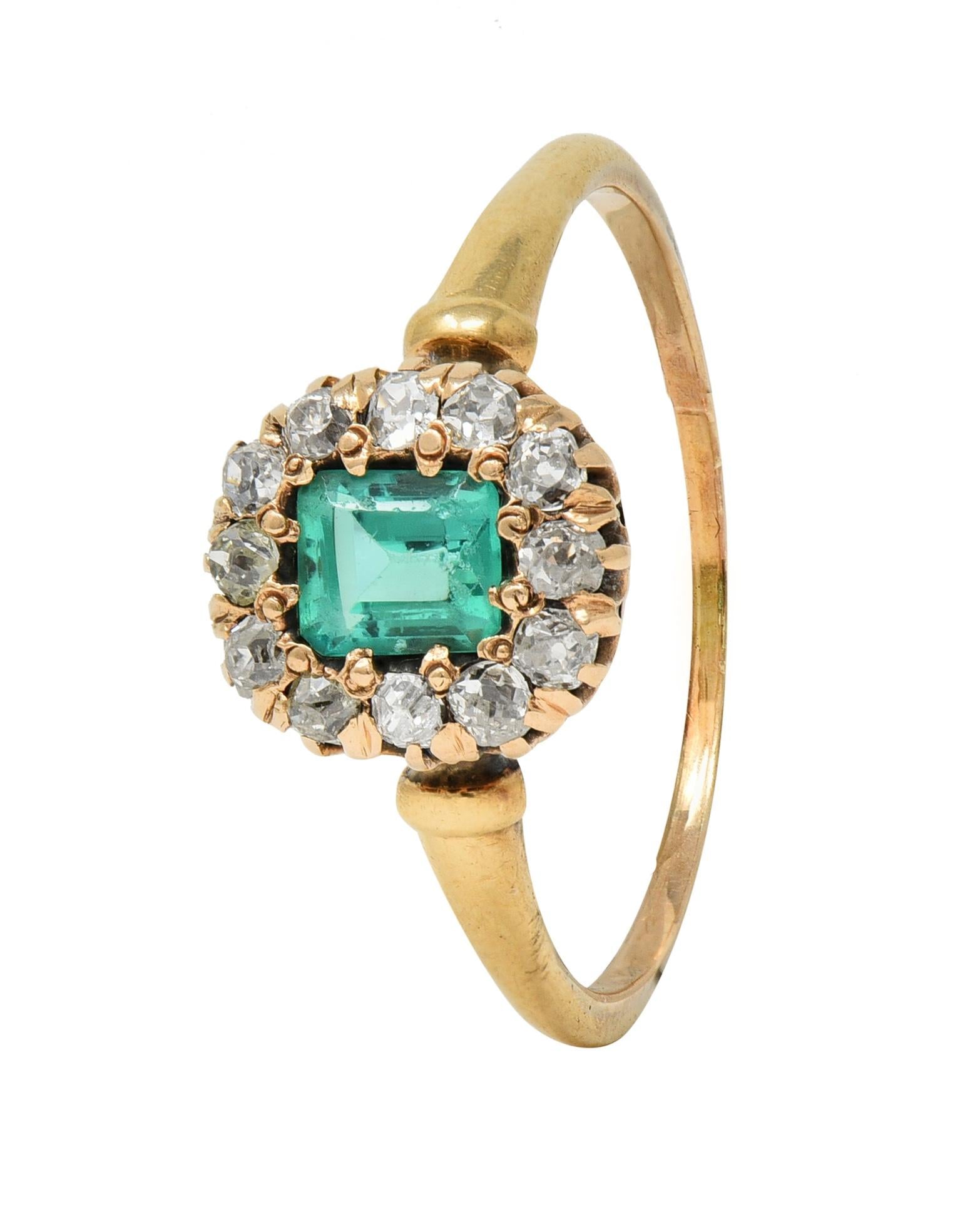 Victorian 0.82 CTW Emerald Diamond 14 Karat Yellow Gold Antique Halo Ring