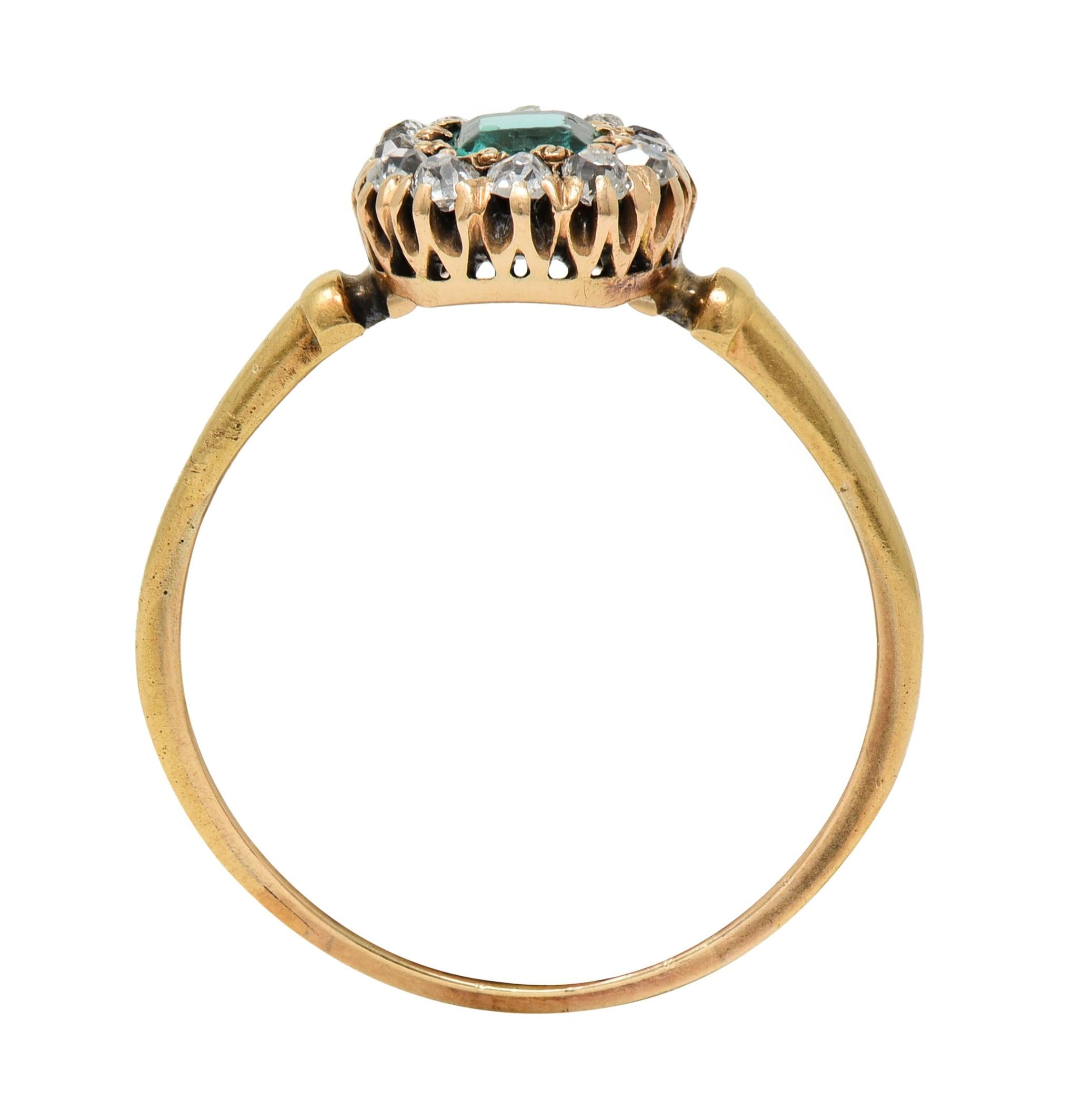 Victorian 0.82 CTW Emerald Diamond 14 Karat Yellow Gold Antique Halo Ring