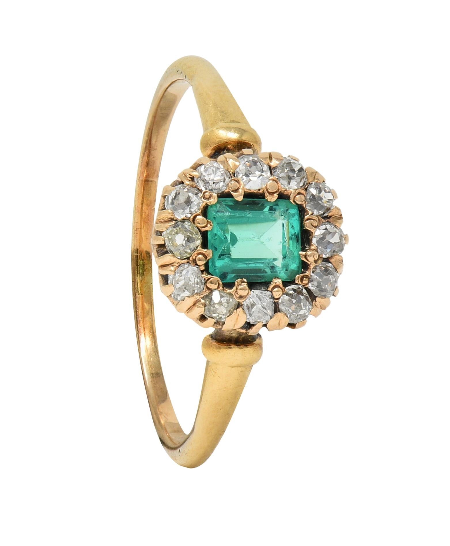 Victorian 0.82 CTW Emerald Diamond 14 Karat Yellow Gold Antique Halo Ring