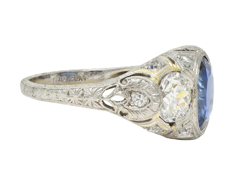 Art Deco 4.90 CTW No Heat Ceylon Sapphire Diamond Platinum Antique Ring AGL