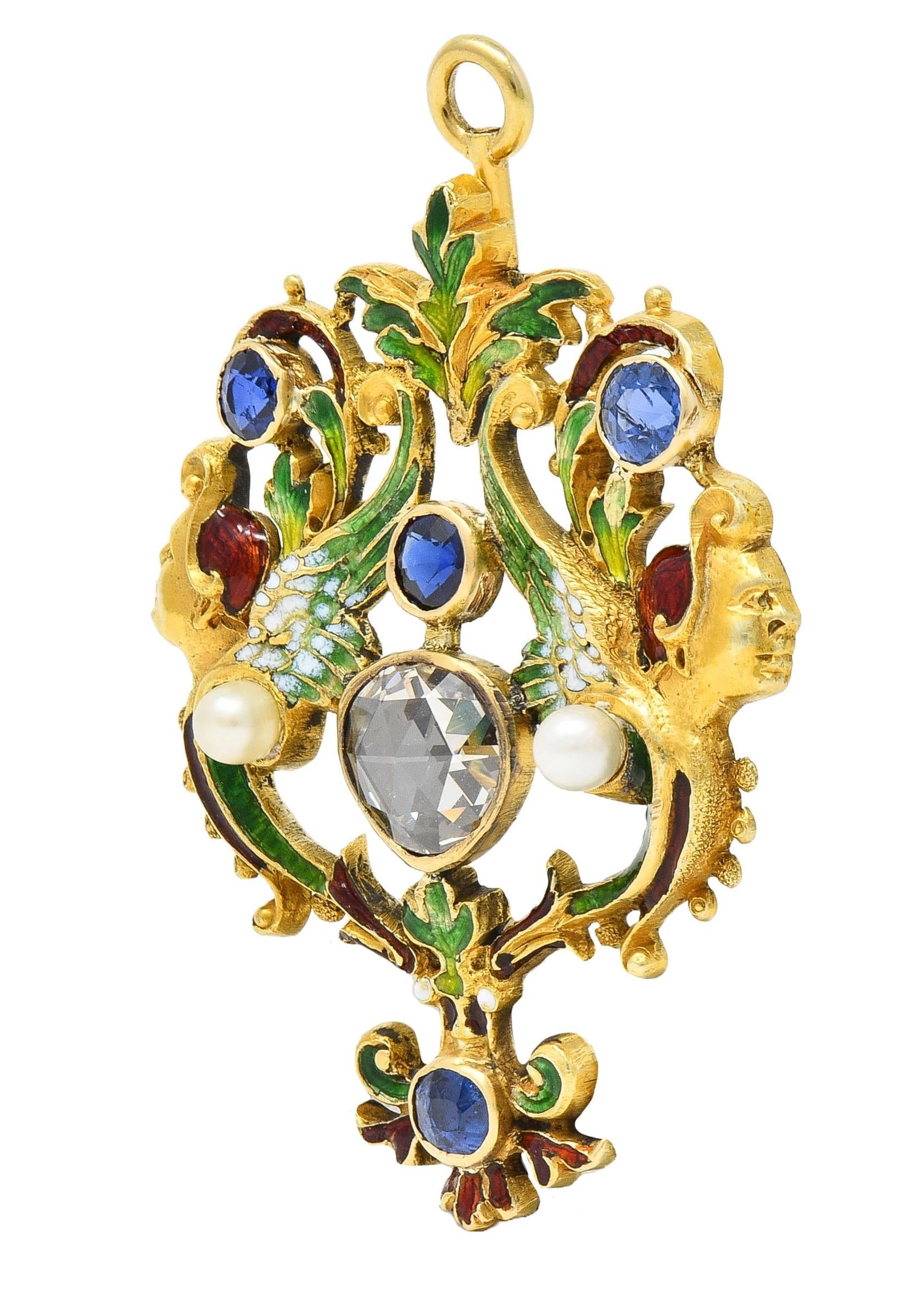 Victorian Renaissance Revival Multi-Gem Enamel 14K Harpy Antique Pendant