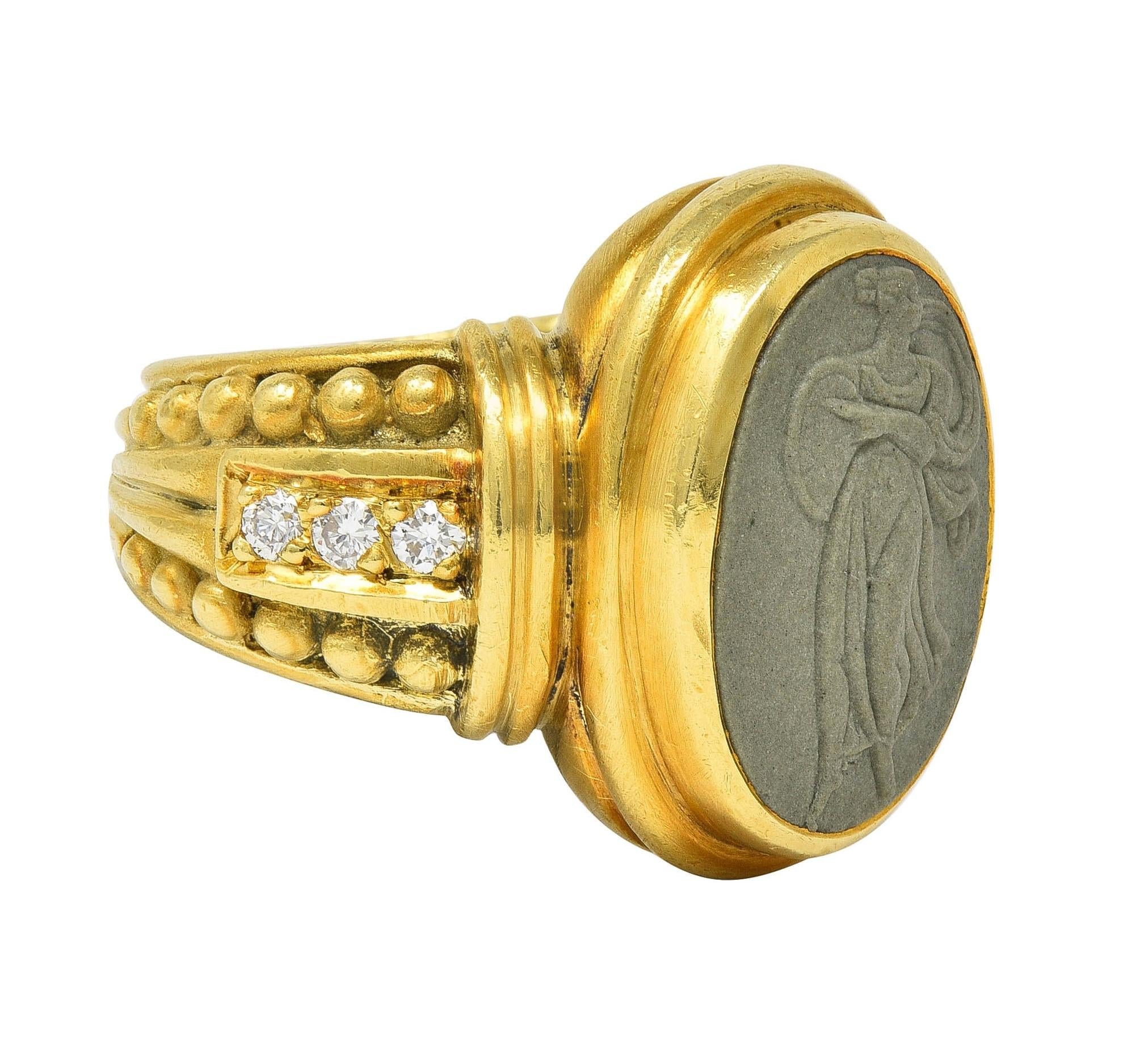 Judith Ripka 1990's Lava Rock Cameo Diamond 18 Karat Gold Vintage Signet Ring