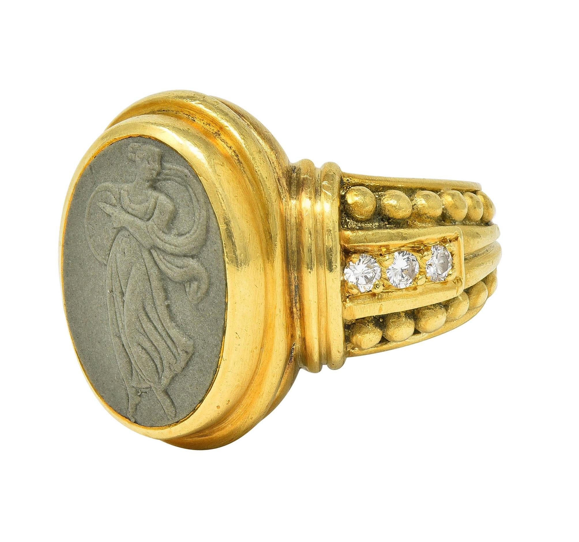 Judith Ripka 1990's Lava Rock Cameo Diamond 18 Karat Gold Vintage Signet Ring