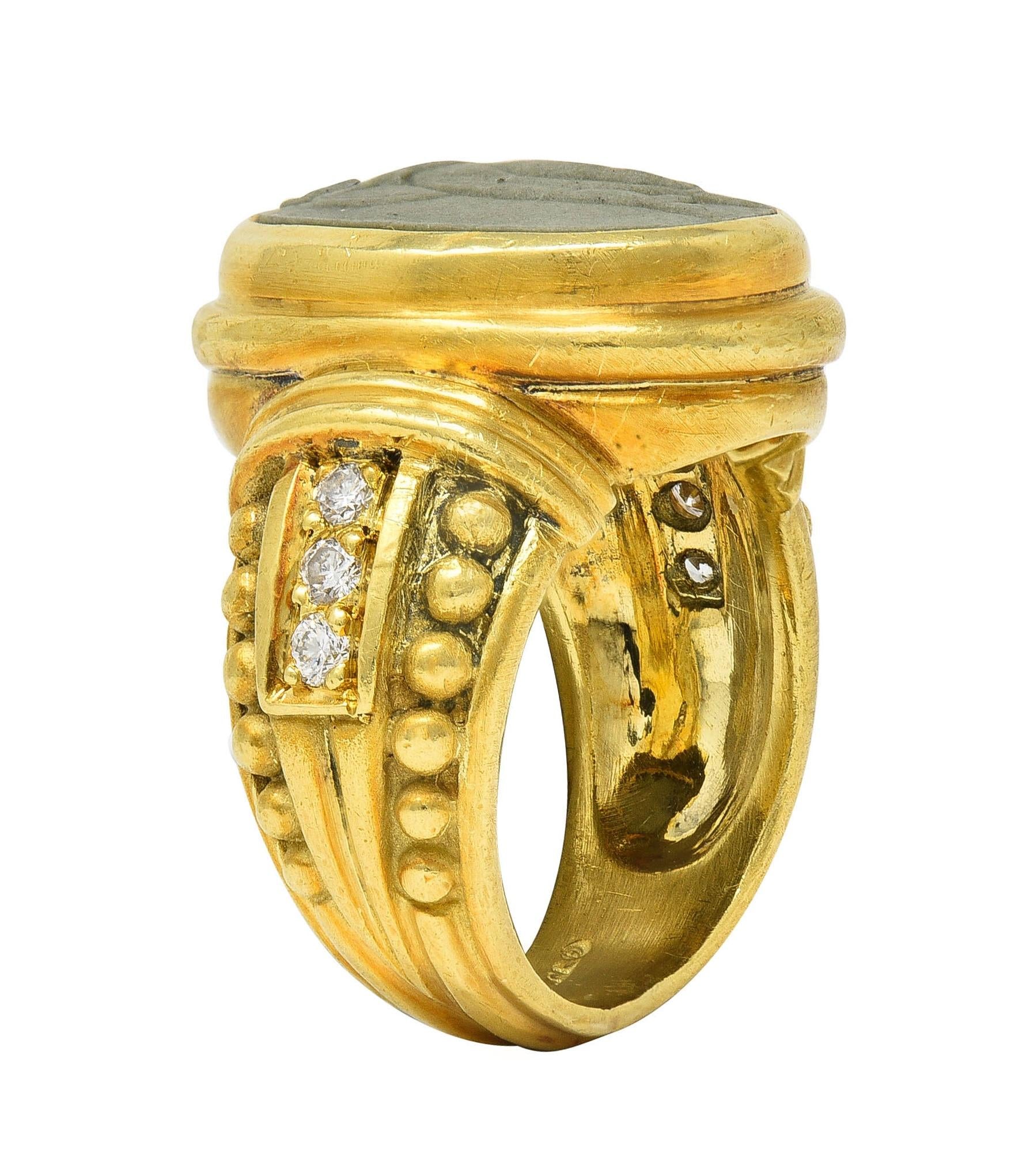 Judith Ripka 1990's Lava Rock Cameo Diamond 18 Karat Gold Vintage Signet Ring