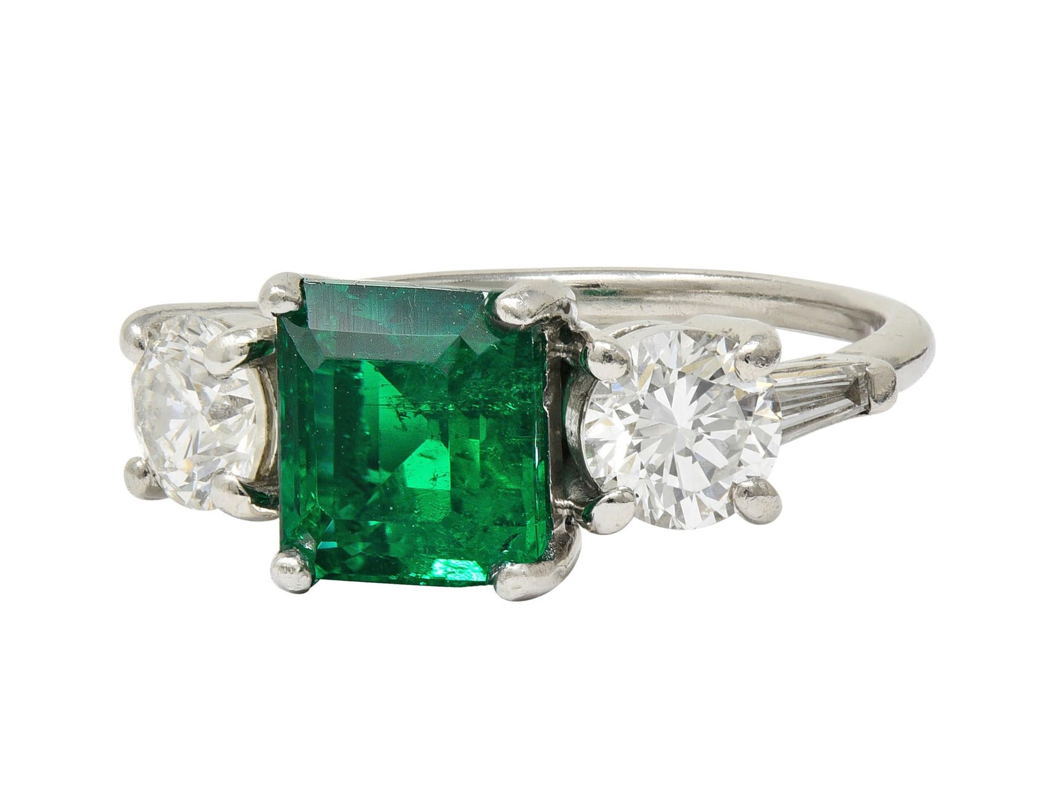 Mid-Century 2.80 CTW Colombian Emerald Diamond Platinum Vintage Ring AGL