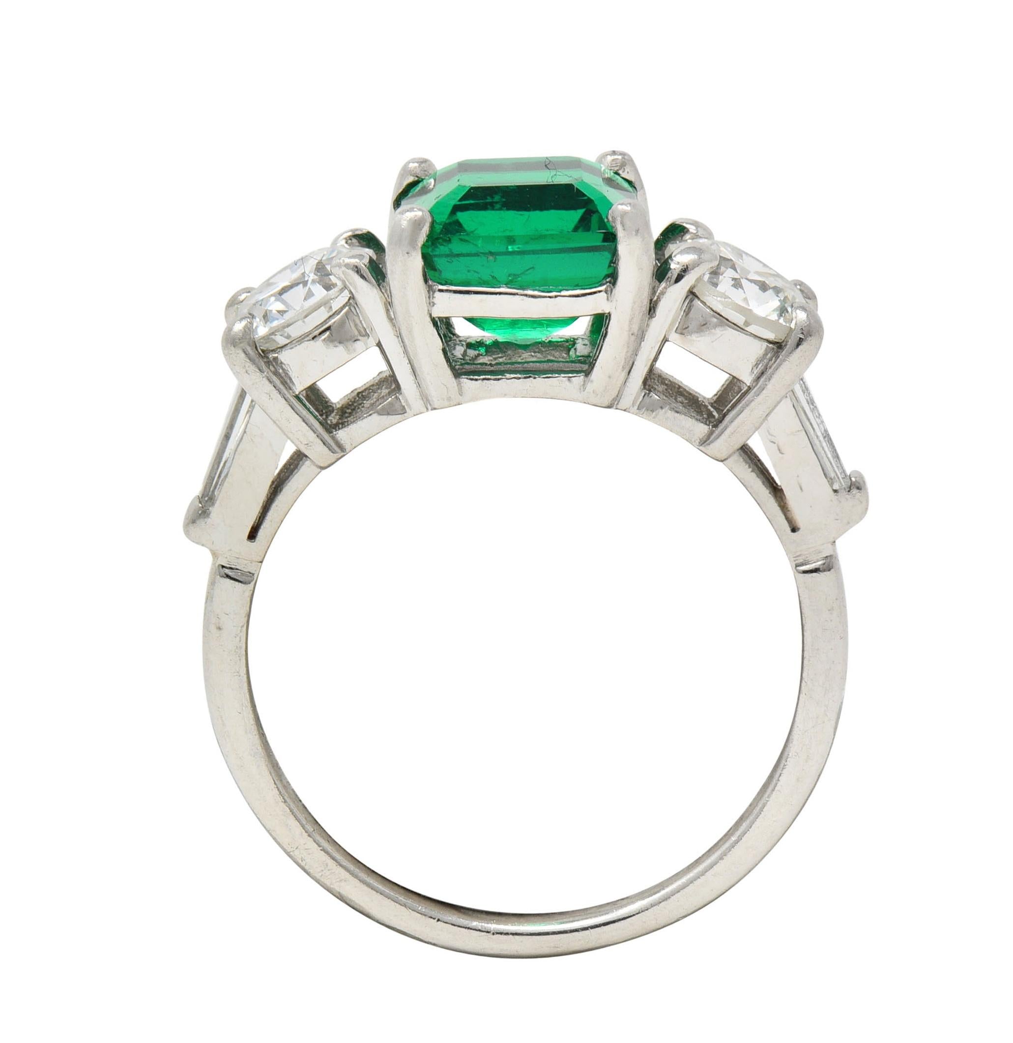 Mid-Century 2.80 CTW Colombian Emerald Diamond Platinum Vintage Ring AGL