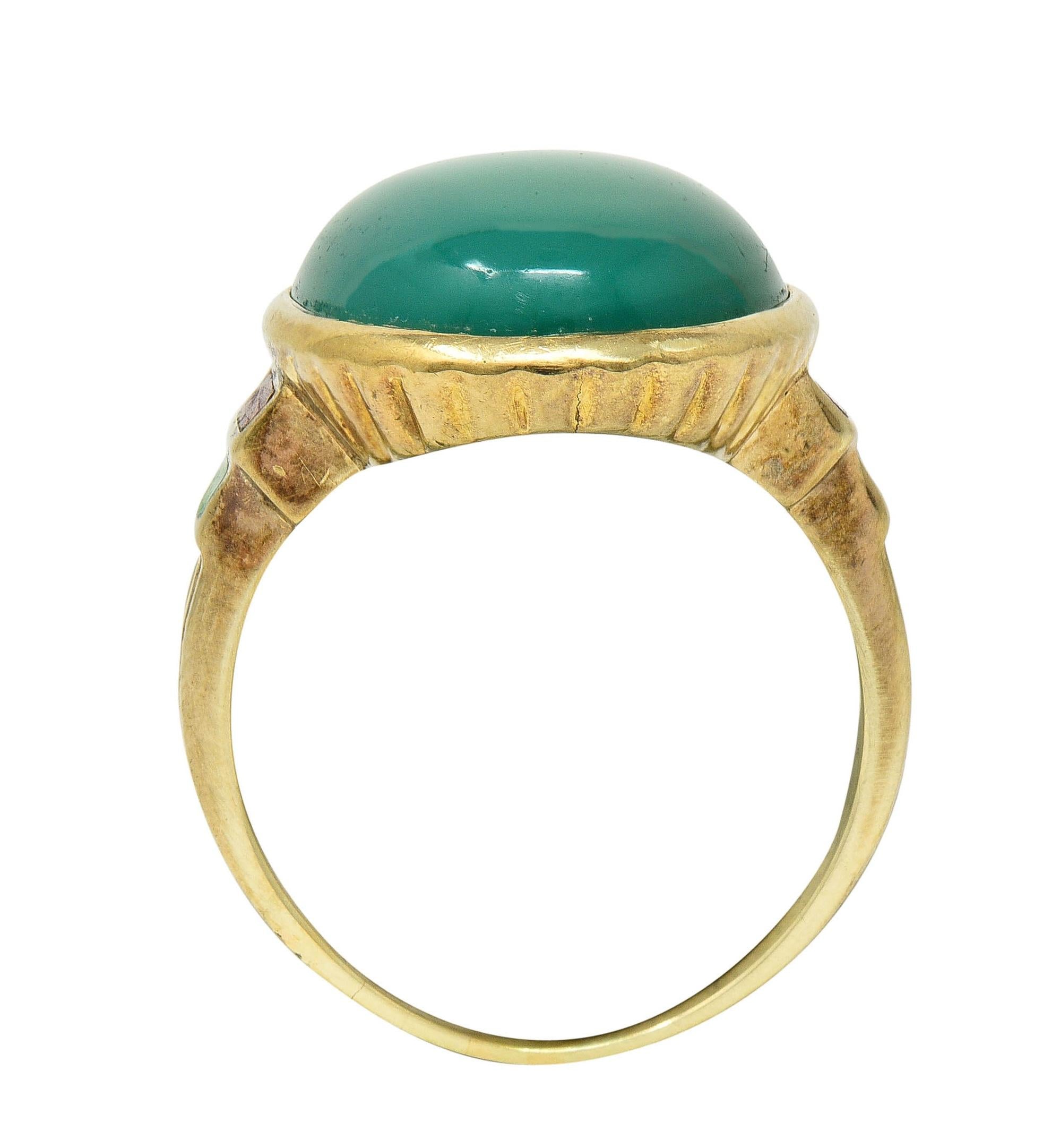 Allsopp Bros. Art Deco Chrysoprase Enamel 14 Karat Yellow Gold Antique Ring