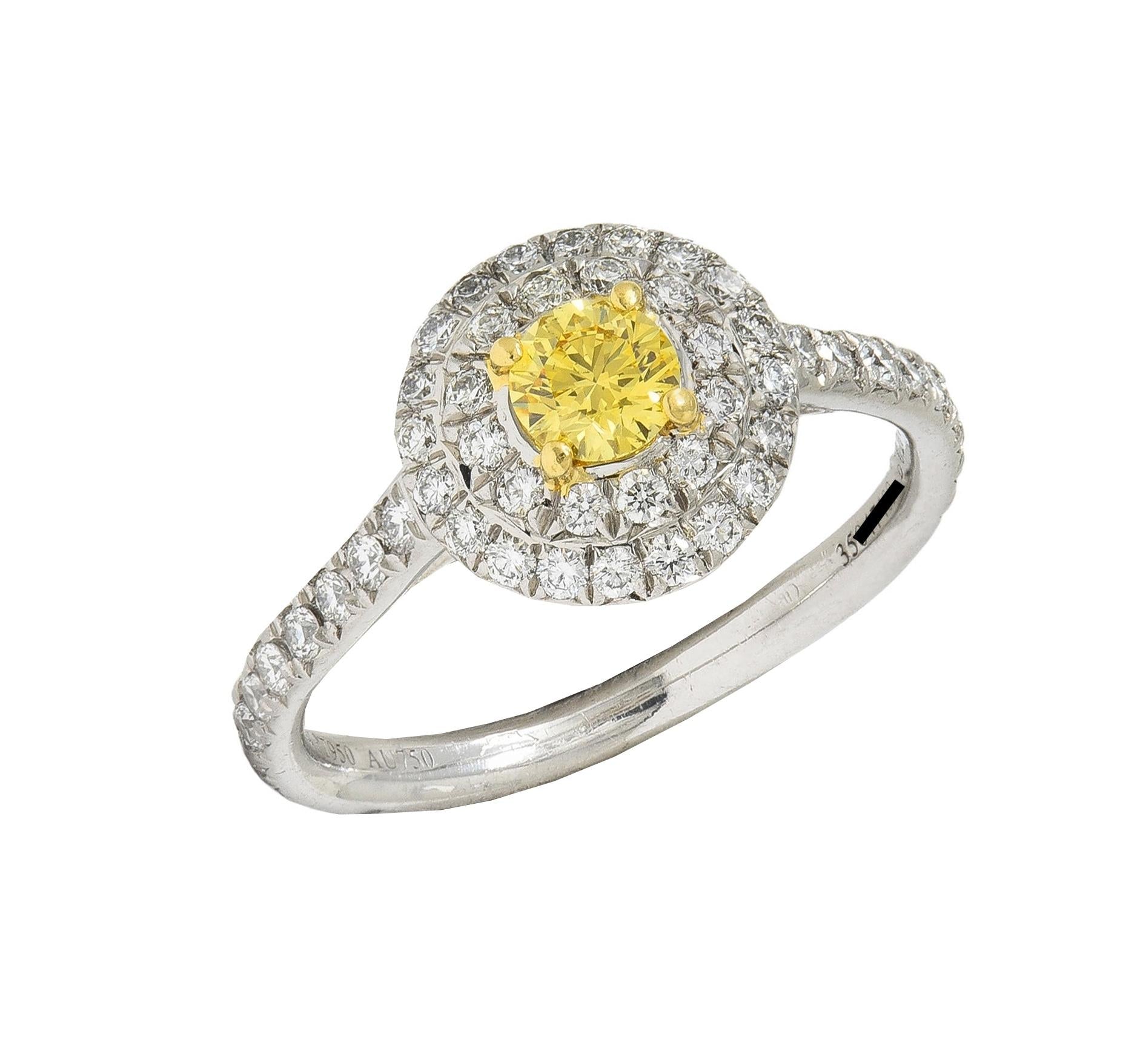 Tiffany & Co. Fancy Vivid Yellow Diamond Platinum Yellow Gold Soleste Halo Ring