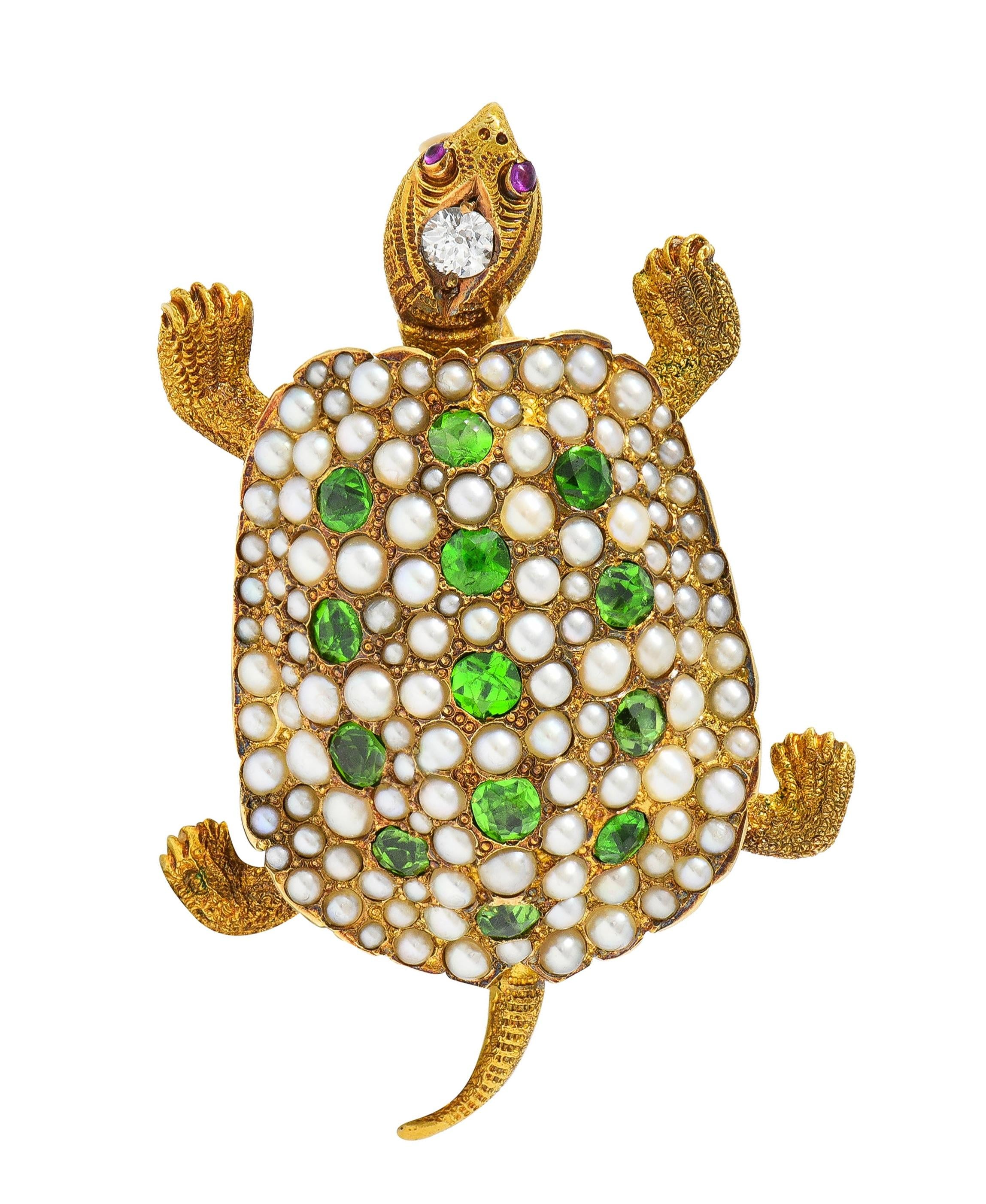 Riker Brothers Art Nouveau Diamond Demantoid 14K Gold Antique Turtle Brooch