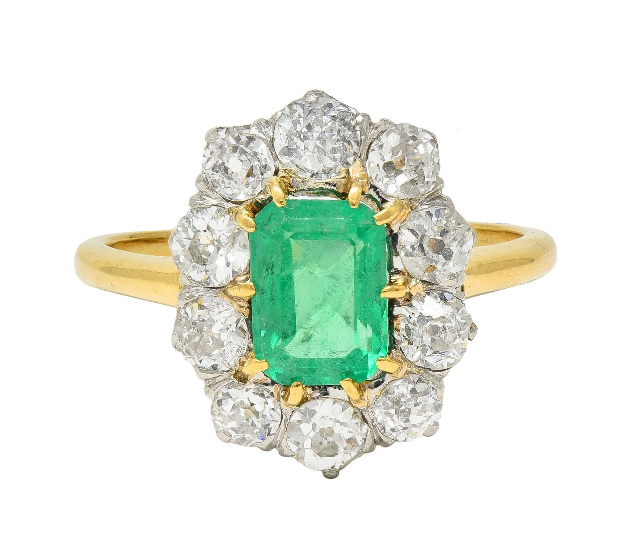 Art Deco French Emerald Diamond Platinum 18 Karat Gold Vintage Halo Ring GIA