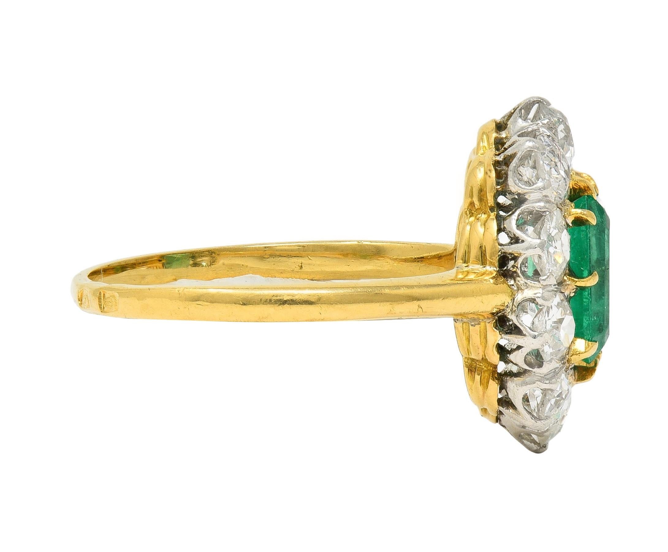 Art Deco French Emerald Diamond Platinum 18 Karat Gold Vintage Halo Ring GIA