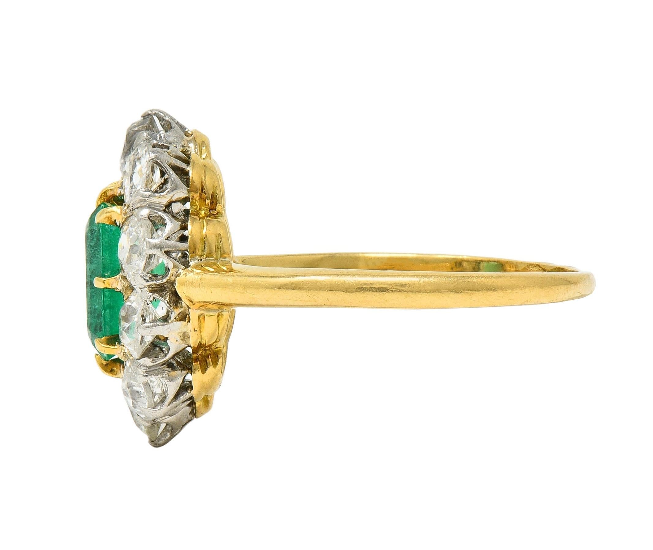 Art Deco French Emerald Diamond Platinum 18 Karat Gold Vintage Halo Ring GIA