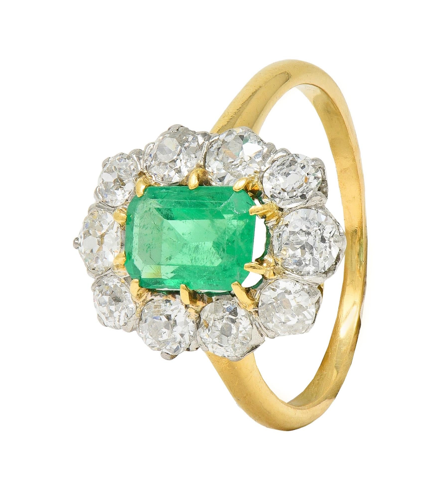 Art Deco French Emerald Diamond Platinum 18 Karat Gold Vintage Halo Ring GIA