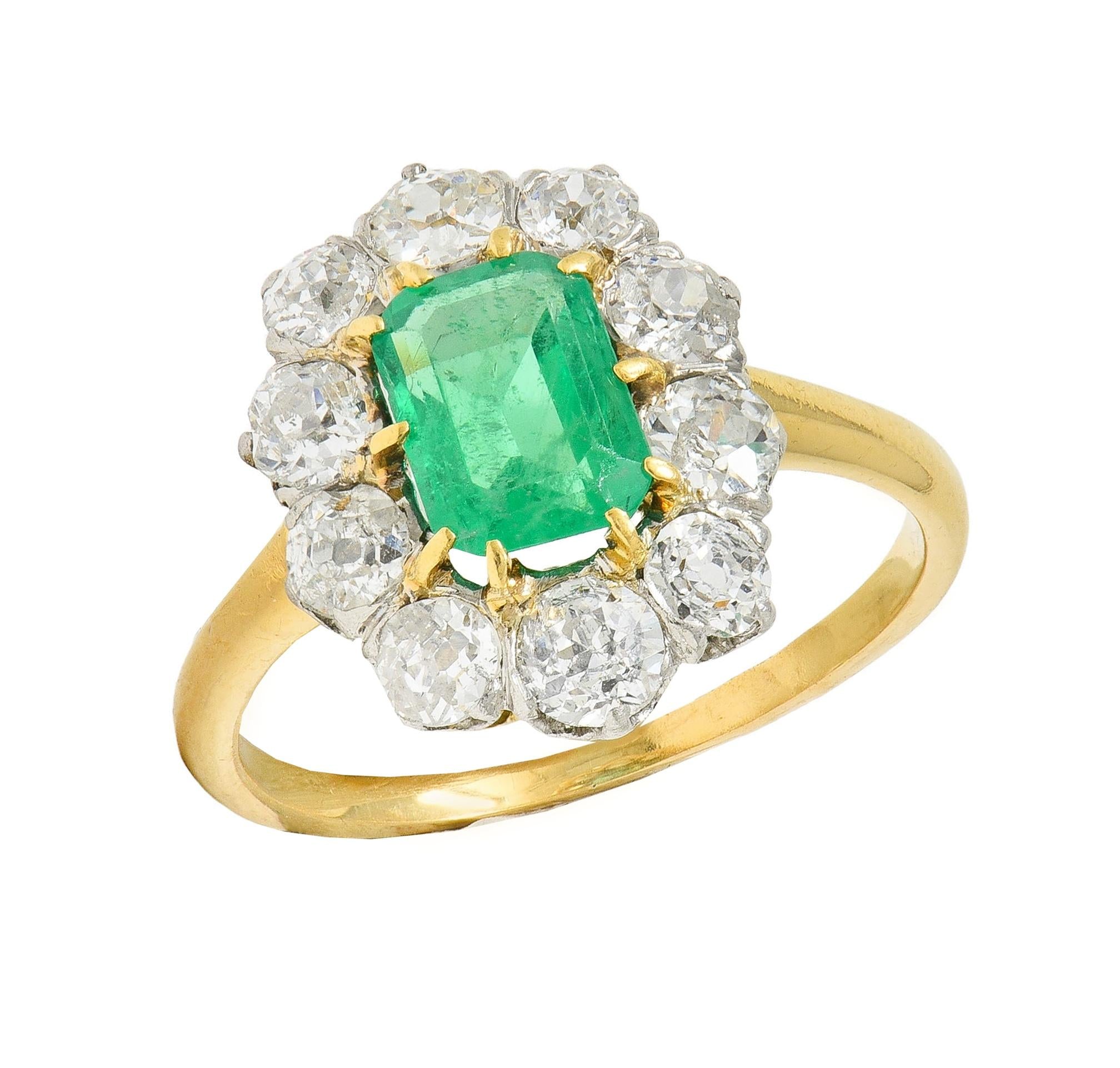 Art Deco French Emerald Diamond Platinum 18 Karat Gold Vintage Halo Ring GIA