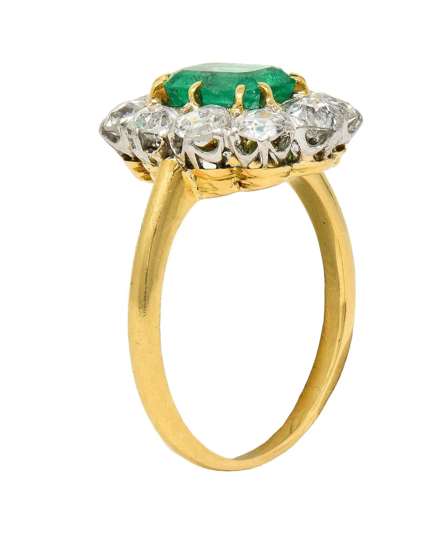 Art Deco French Emerald Diamond Platinum 18 Karat Gold Vintage Halo Ring GIA