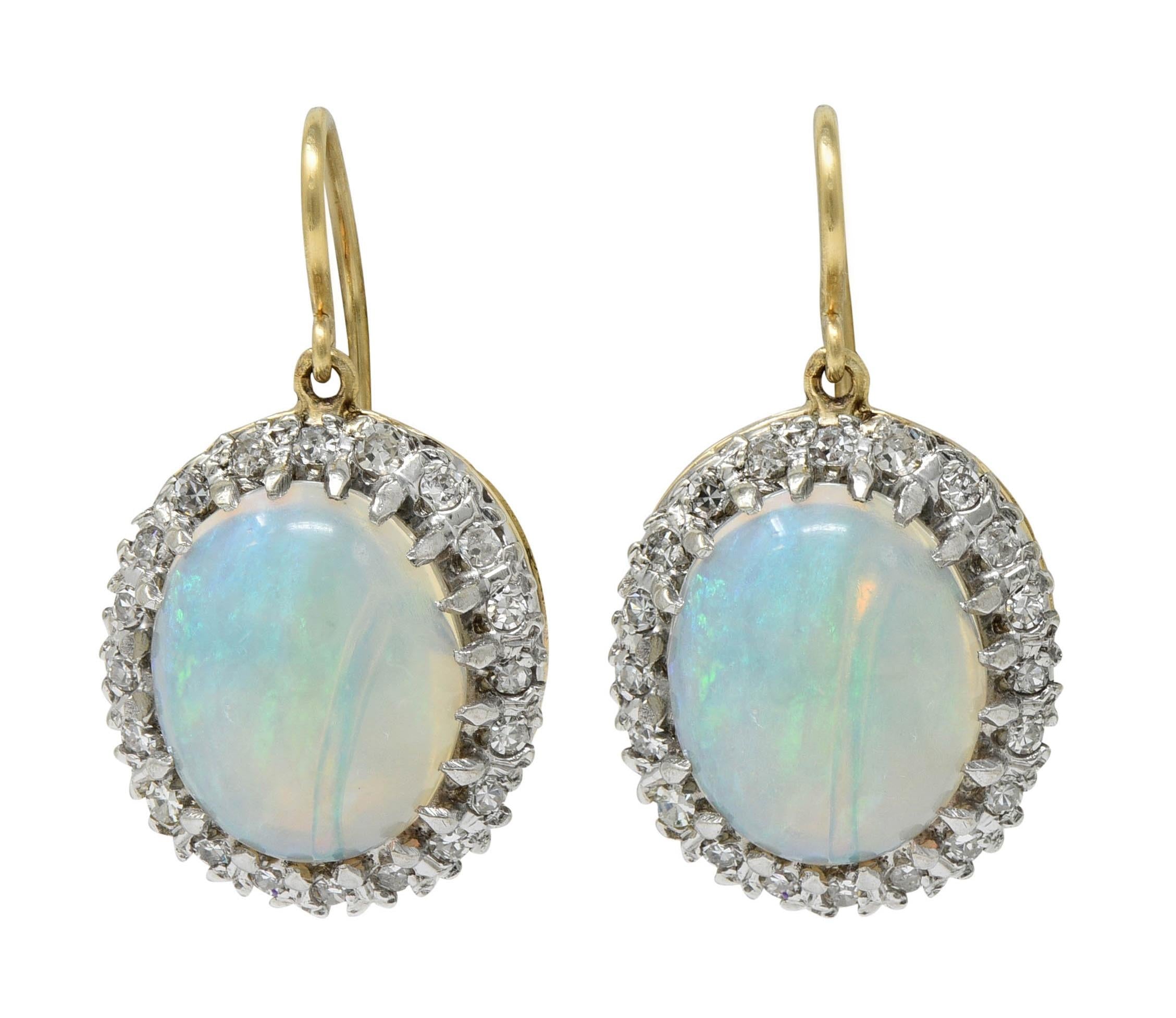 Mid-Century Opal Diamond 14 Karat Two-Tone Gold Vintage Halo Drop Earrings