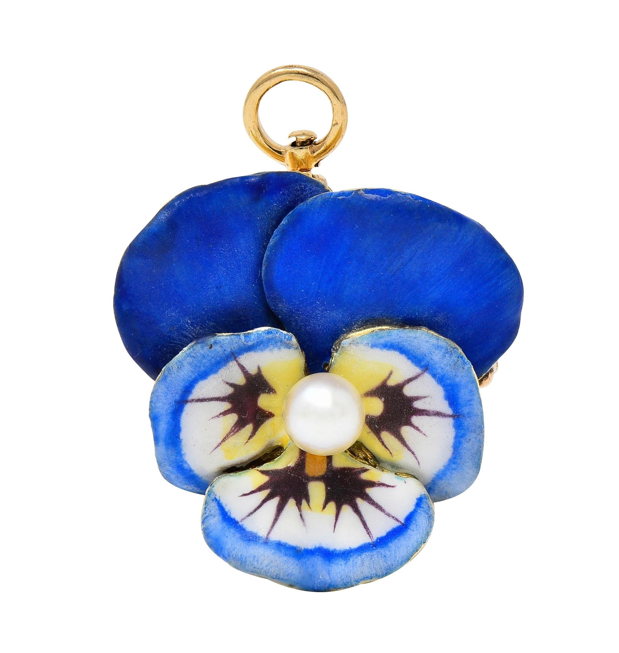 Larter & Son Art Nouveau Enamel Pearl 14 Karat Gold Antique Pansy Pendant Brooch