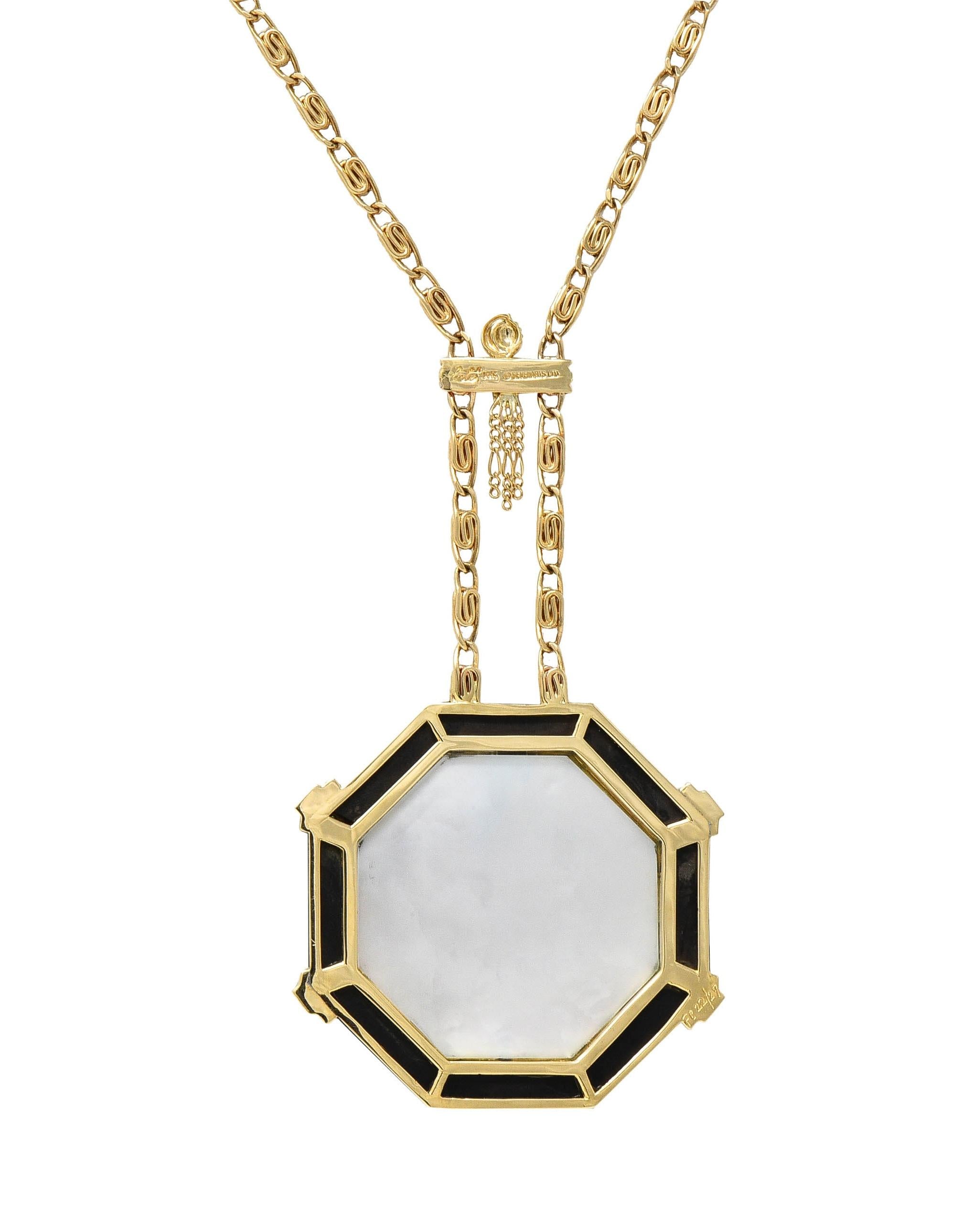 Erté 1970's Diamond Onyx Mother-Of-Pearl 14K Gold Vintage Aventurine Necklace