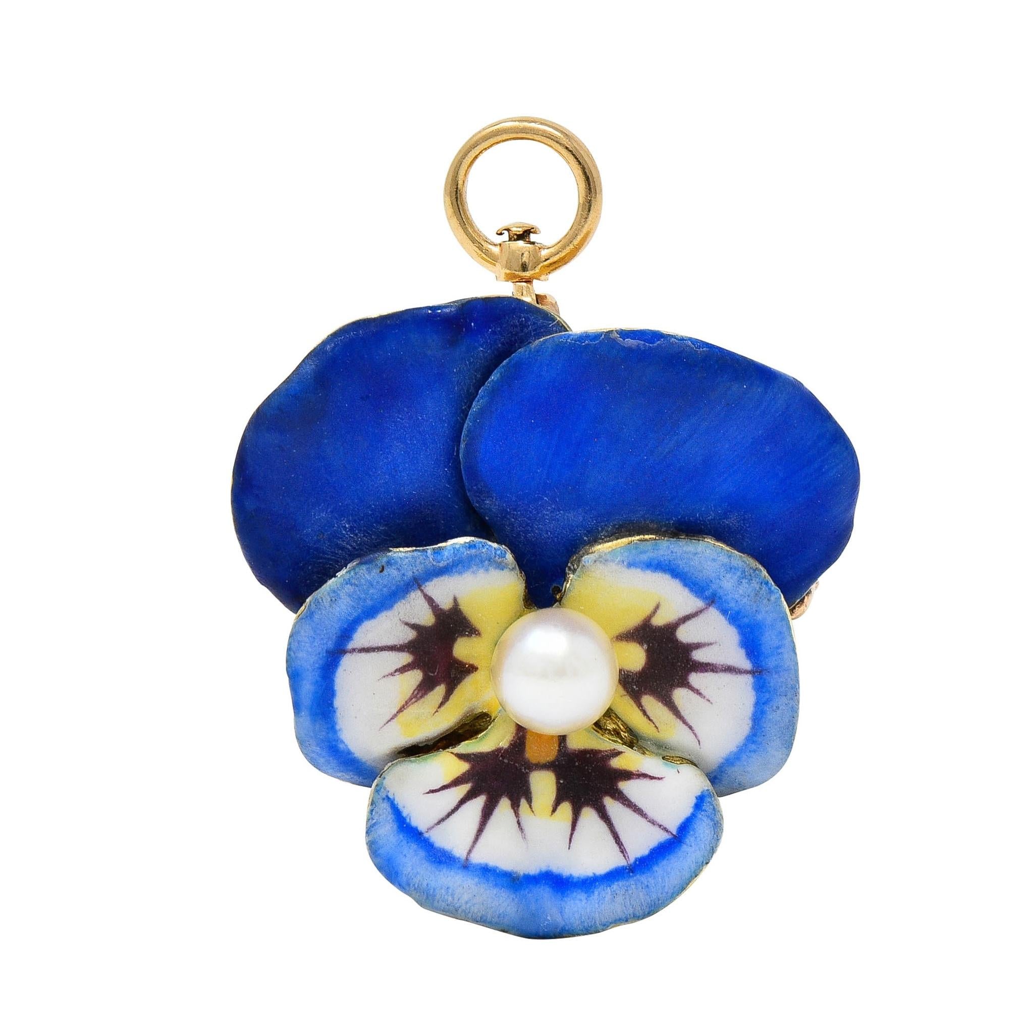 Larter & Son Art Nouveau Enamel Pearl 14 Karat Gold Antique Pansy Pendant Brooch