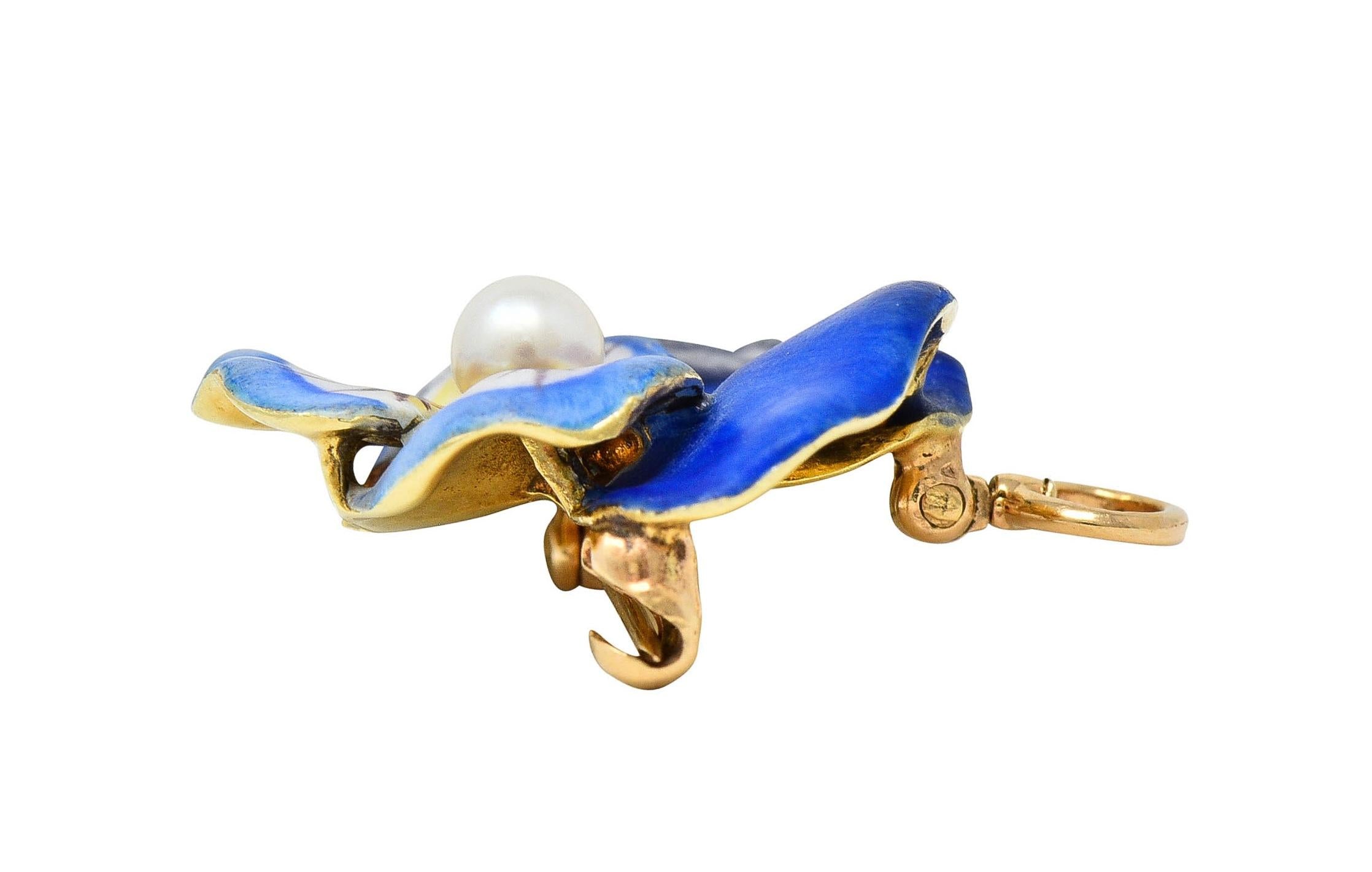 Larter & Son Art Nouveau Enamel Pearl 14 Karat Gold Antique Pansy Pendant Brooch