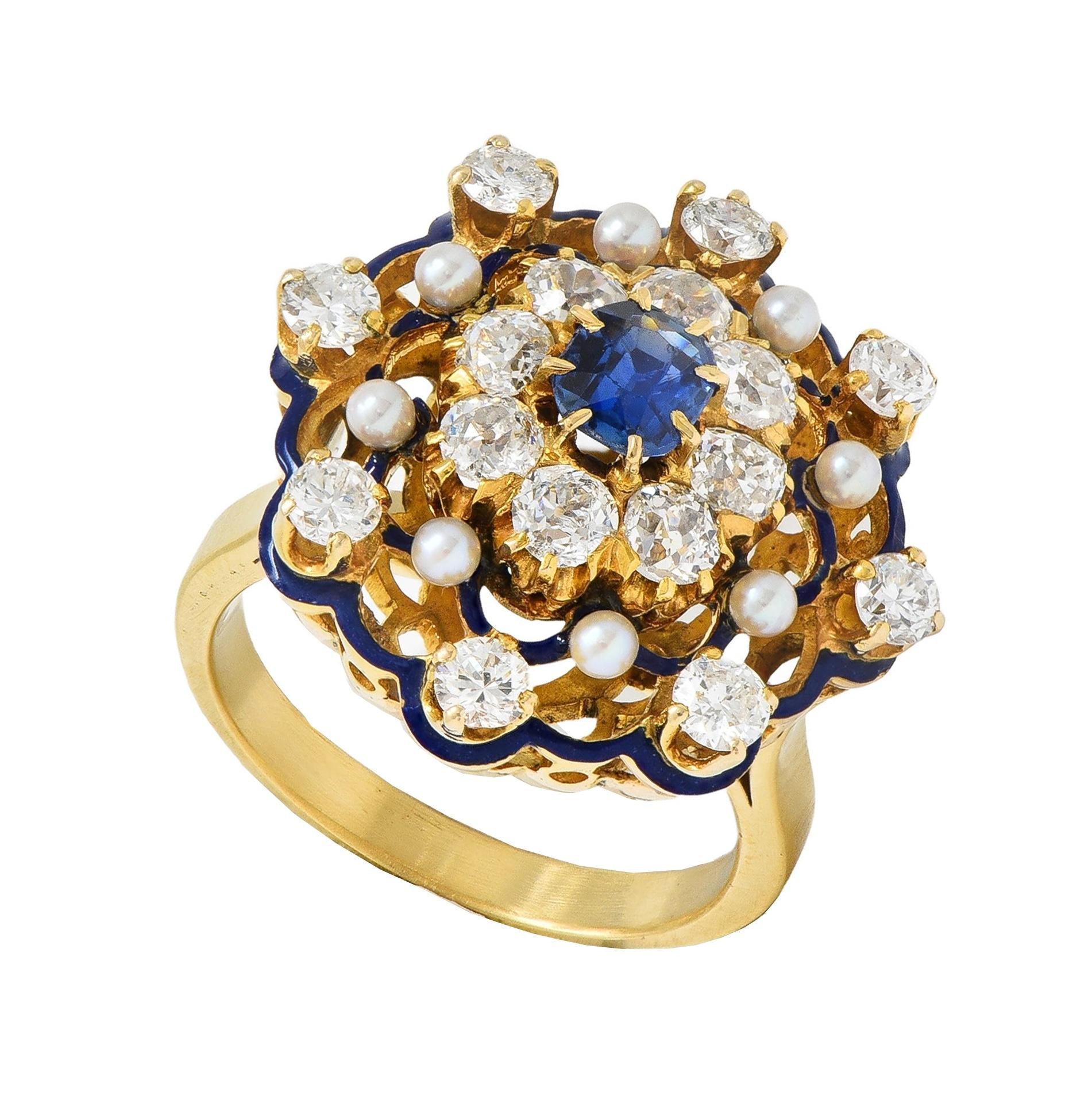 1950's 2.12 CTW Sapphire Diamond Pearl Enamel 18K Gold Vintage Cocktail Ring