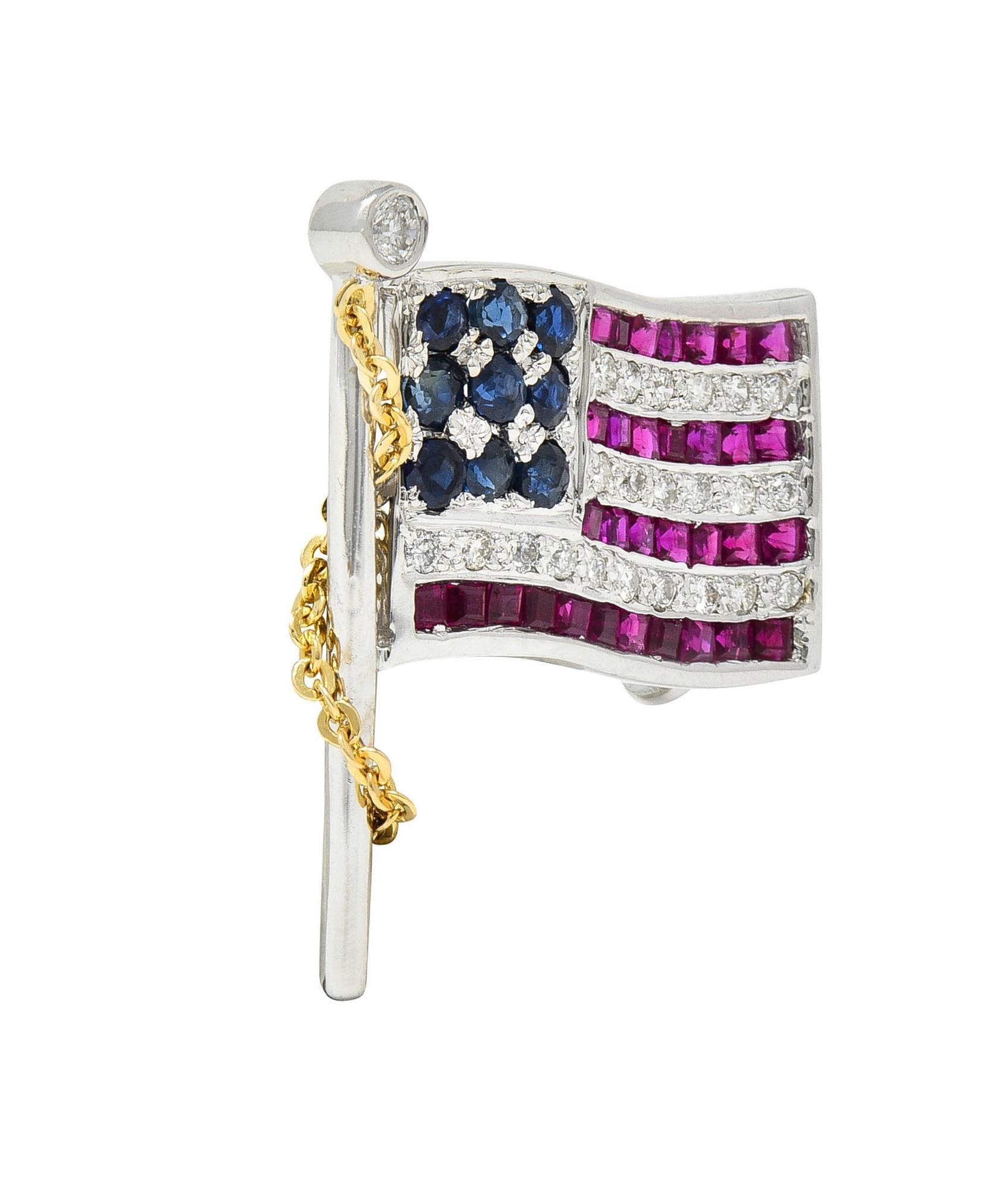 1.25 CTW Sapphire Ruby Diamond 14 Karat Gold American Flag Pendant Brooch