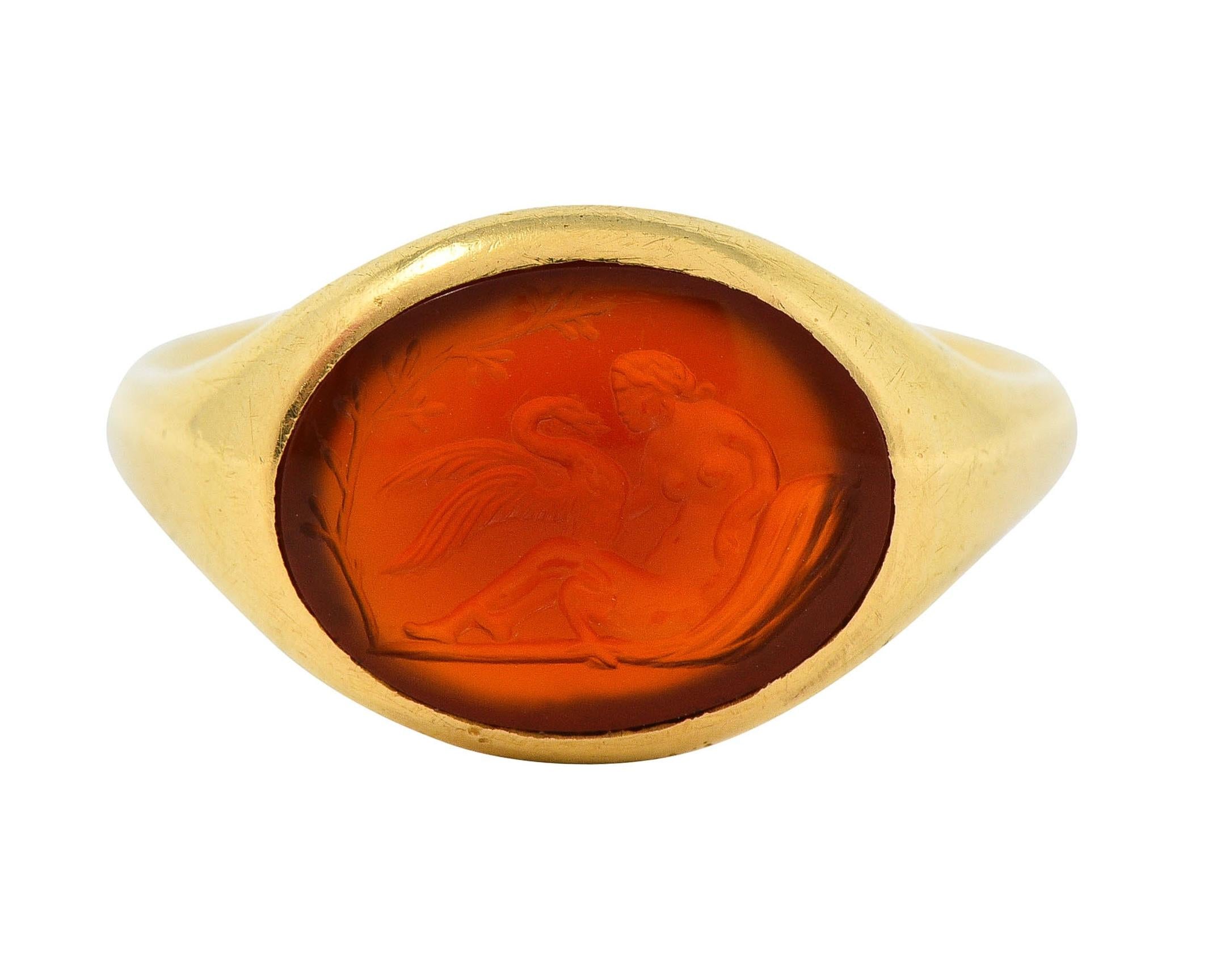 Victorian French Carnelian 18 Karat Yellow Gold Leda & Swan Intaglio Signet Ring