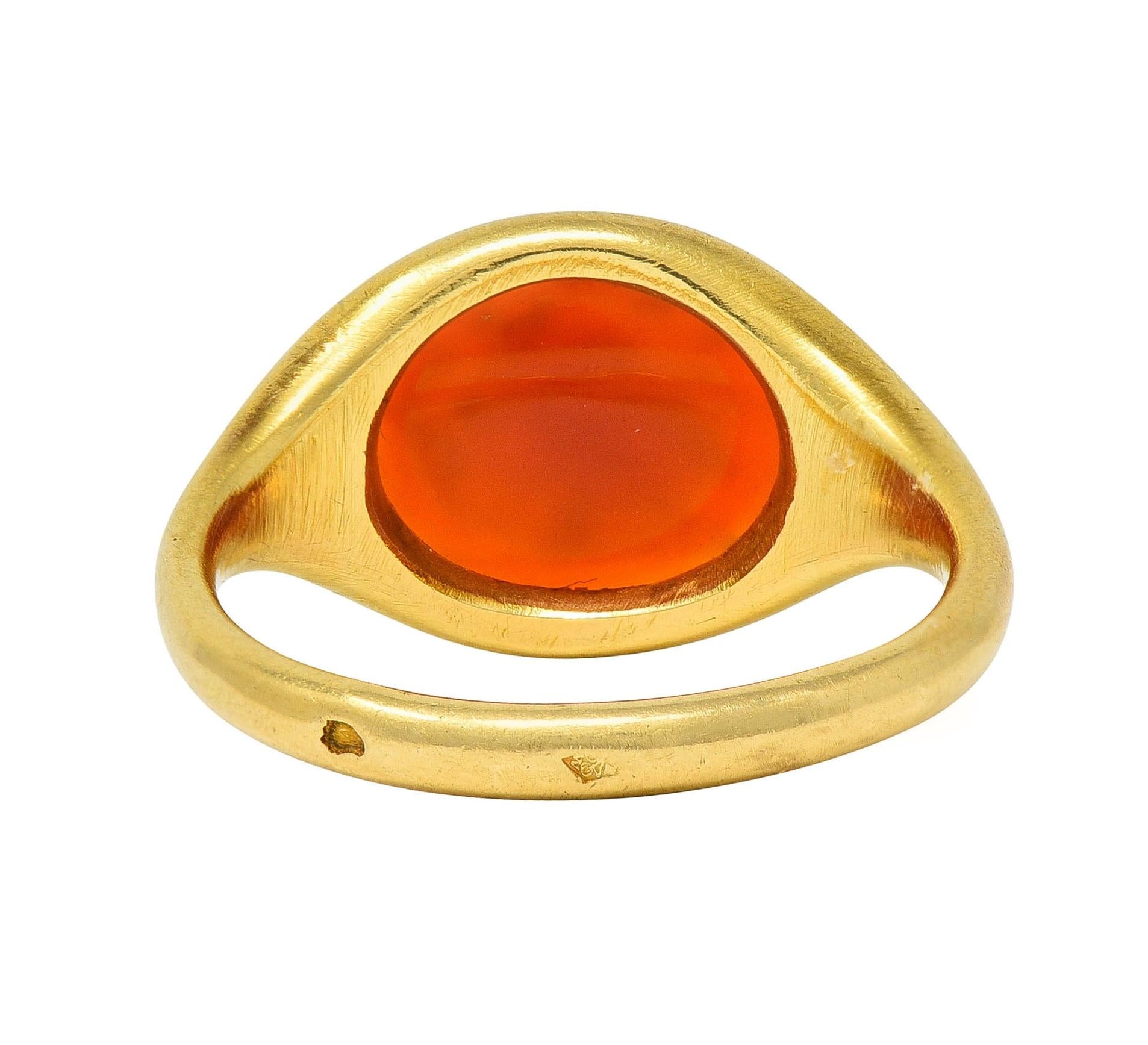 Victorian French Carnelian 18 Karat Yellow Gold Leda & Swan Intaglio Signet Ring