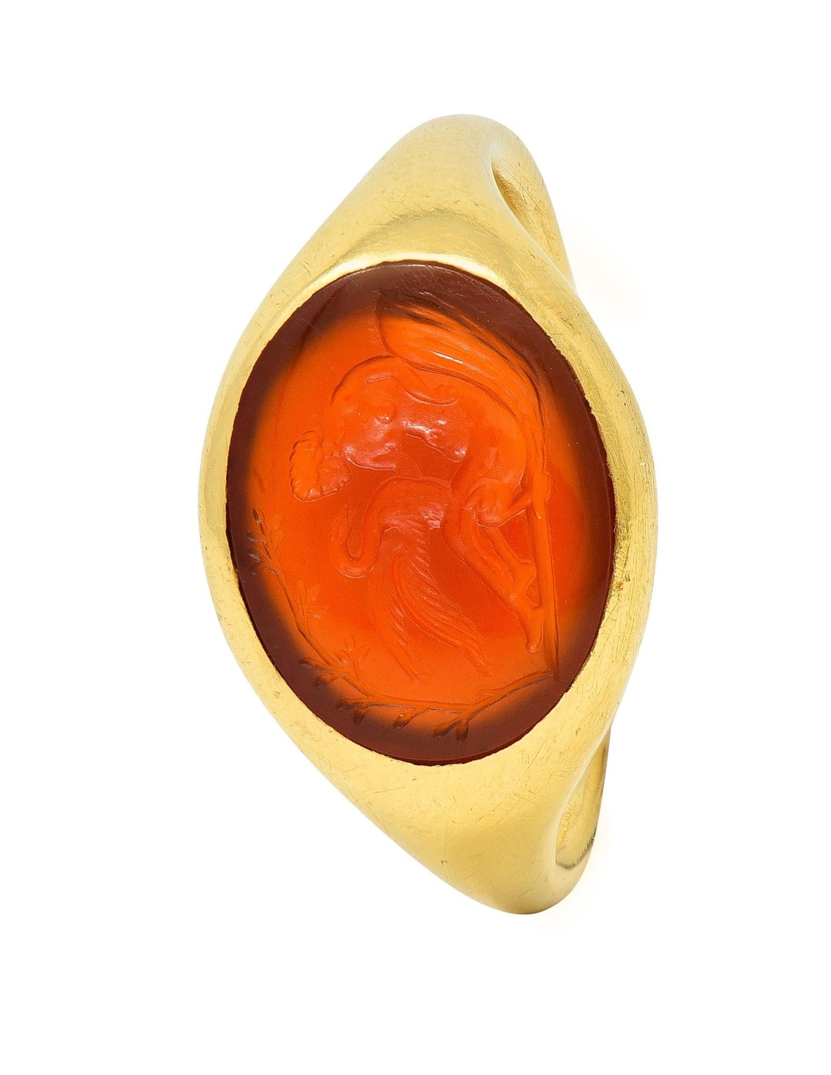 Victorian French Carnelian 18 Karat Yellow Gold Leda & Swan Intaglio Signet Ring