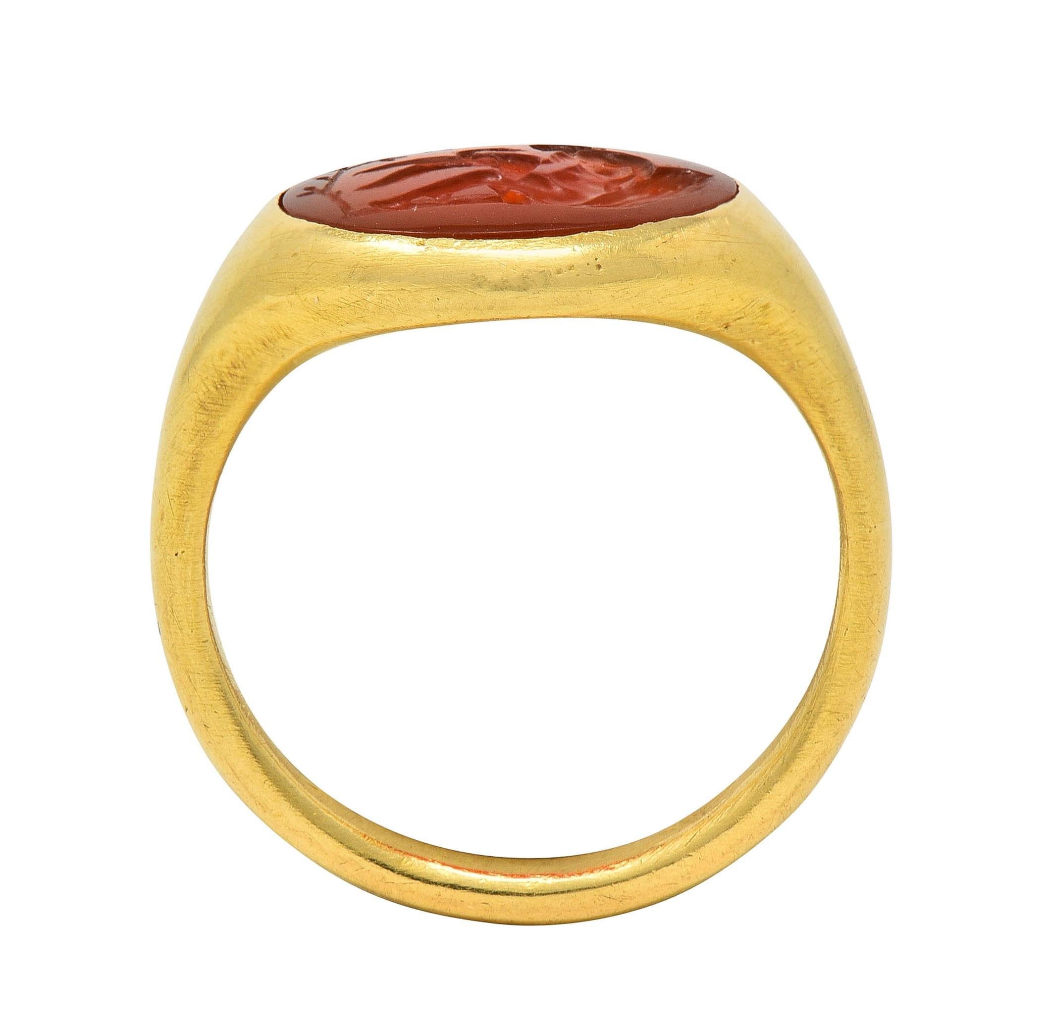 Victorian French Carnelian 18 Karat Yellow Gold Leda & Swan Intaglio Signet Ring