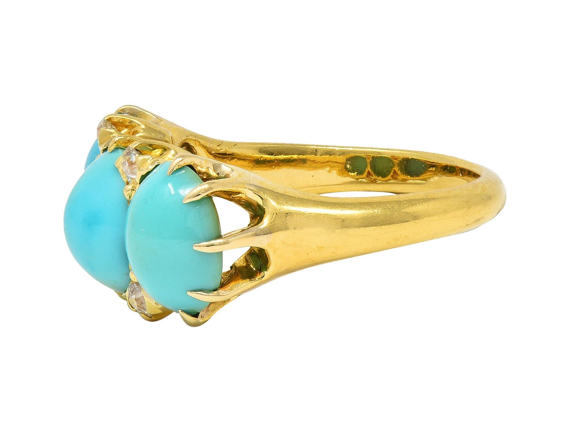 Victorian Turquoise Diamond 18 Karat Yellow Gold Antique Three Stone Band Ring