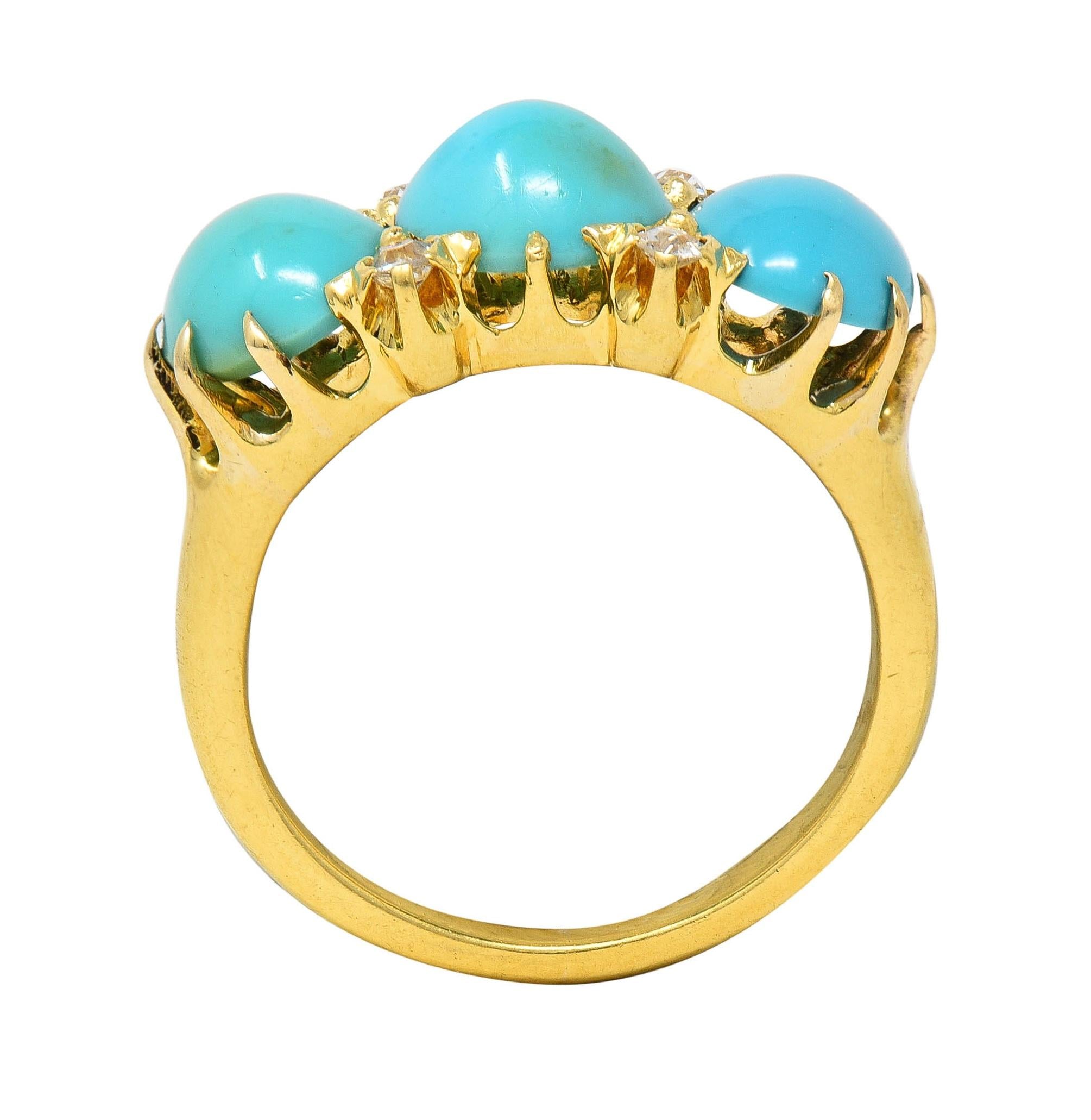 Victorian Turquoise Diamond 18 Karat Yellow Gold Antique Three Stone Band Ring