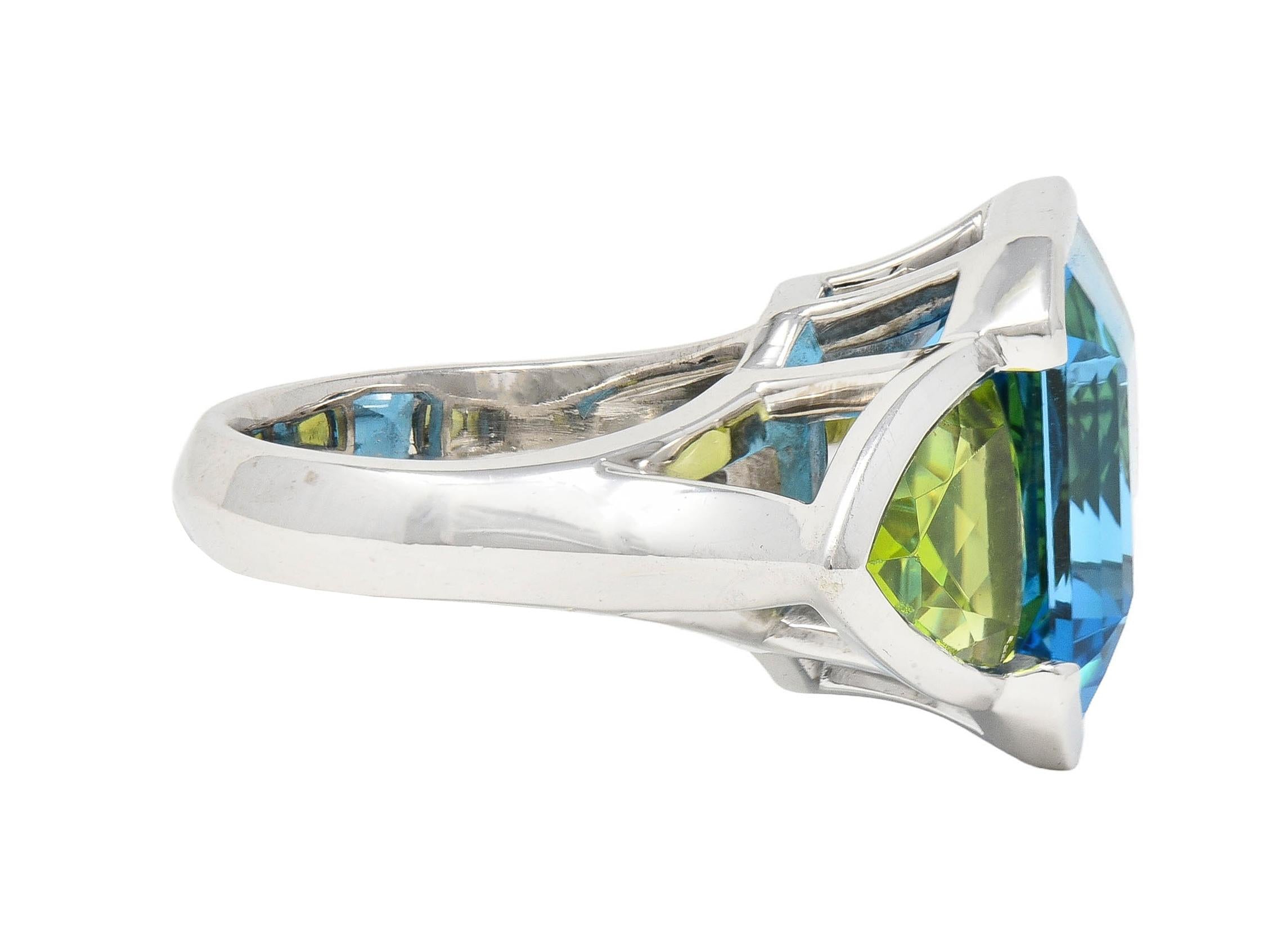 Contemporary 33.58 CTW Topaz Peridot 18 Karat White Gold Three Stone Ring