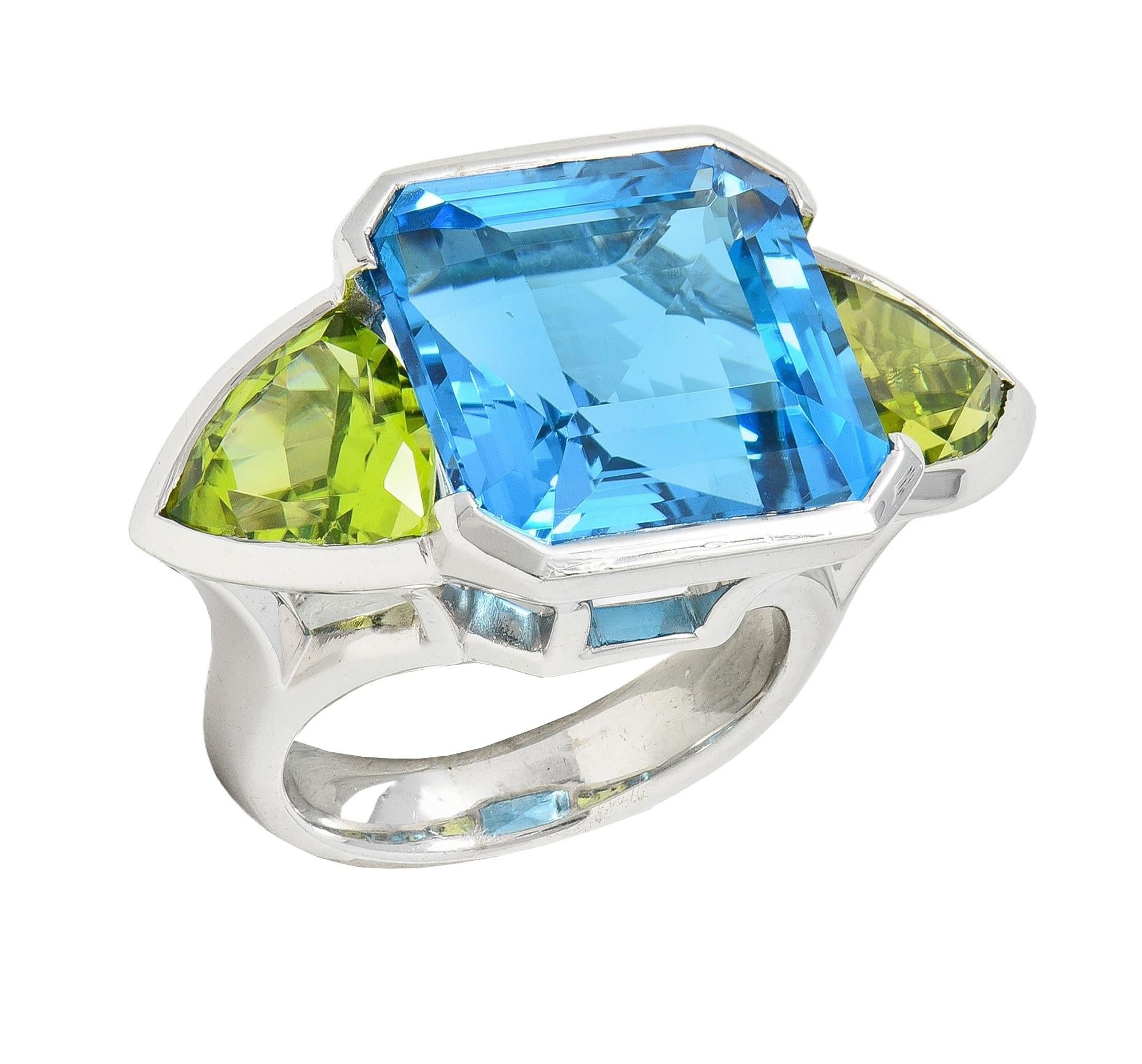 Contemporary 33.58 CTW Topaz Peridot 18 Karat White Gold Three Stone Ring