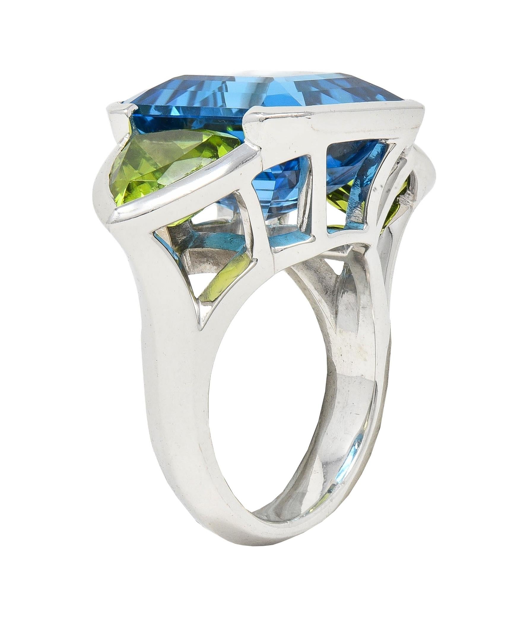 Contemporary 33.58 CTW Topaz Peridot 18 Karat White Gold Three Stone Ring